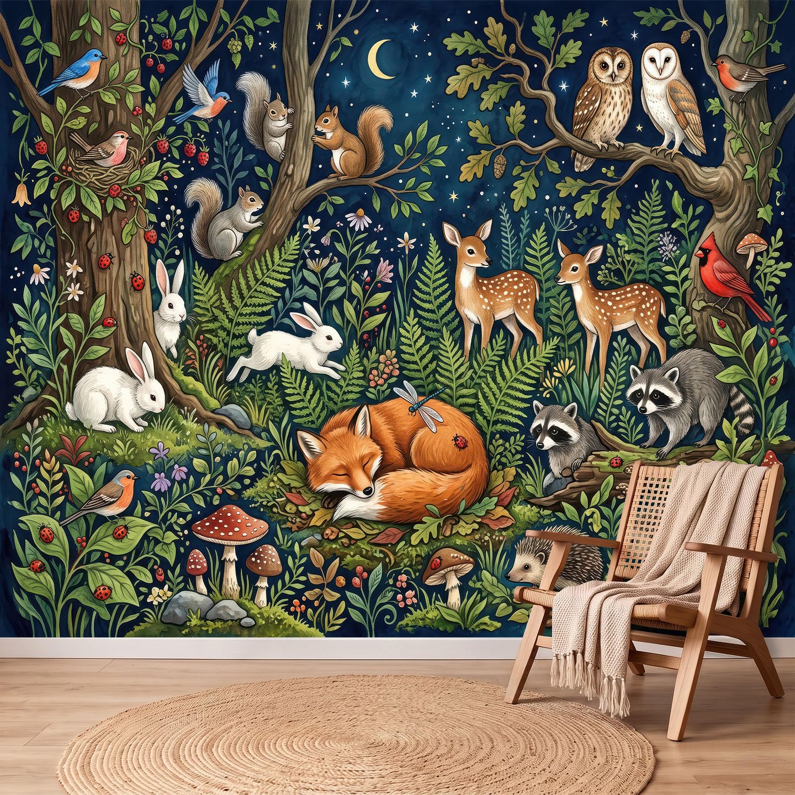 Tapeta z włókniny 3D bajkowy lis i zielone liście, roślina zwierzęca panoramiczna tapeta do salonu dekoracja ścienna do sypialni dziecięcej 250 x 175 cm