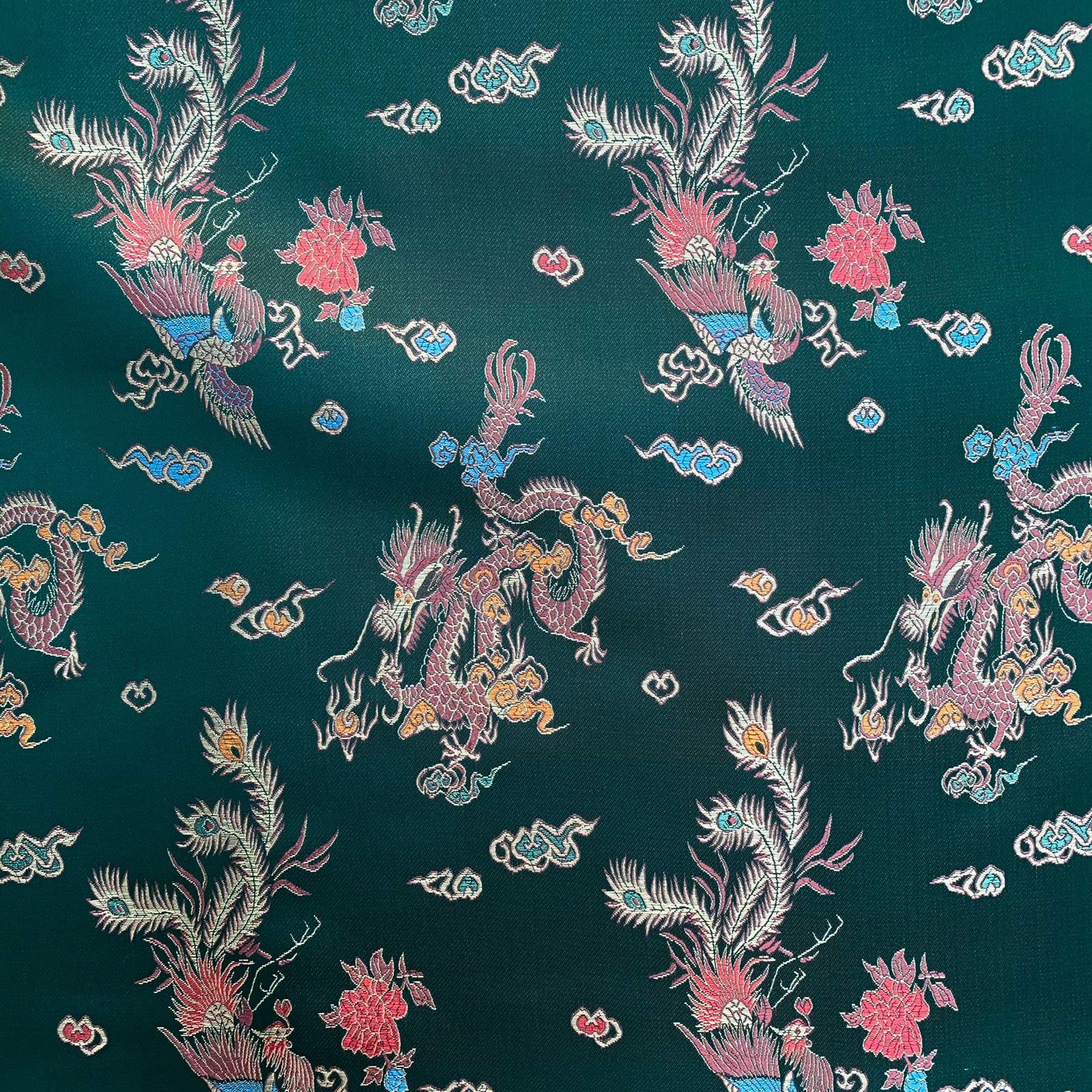 Brocade Chinese Dragon Embroidered Silky Satin Oriental Craft Dress Fabric Material | 36" - 90cm Wide | Sold Per Metre (Bottle Green)