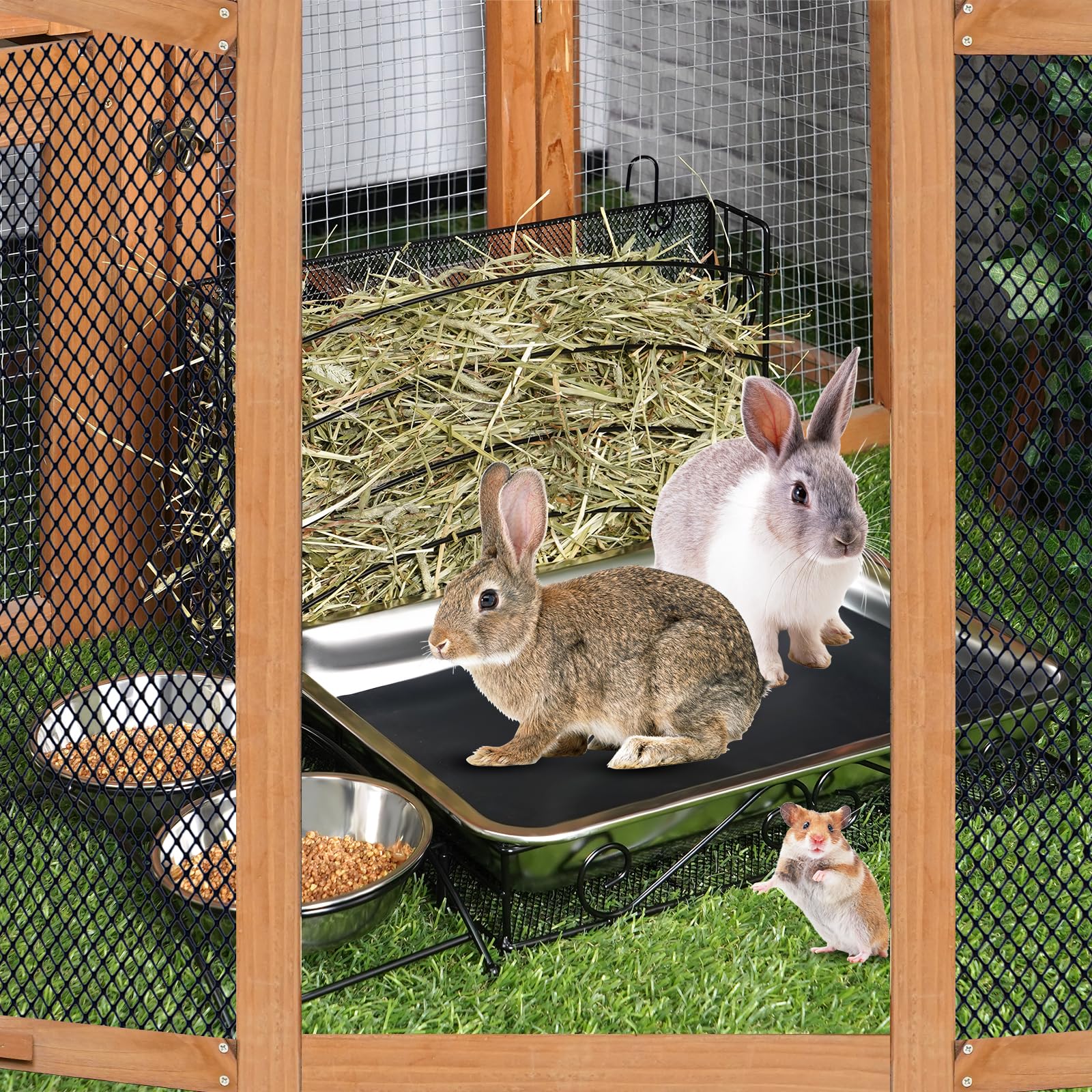 Mangiatoia 3 in 1 per coniglio con lettiera in acciaio inox e 2 ciotole per animali domestici, grattugia, per piccoli animali domestici, conigli, criceti, porcellini d'India