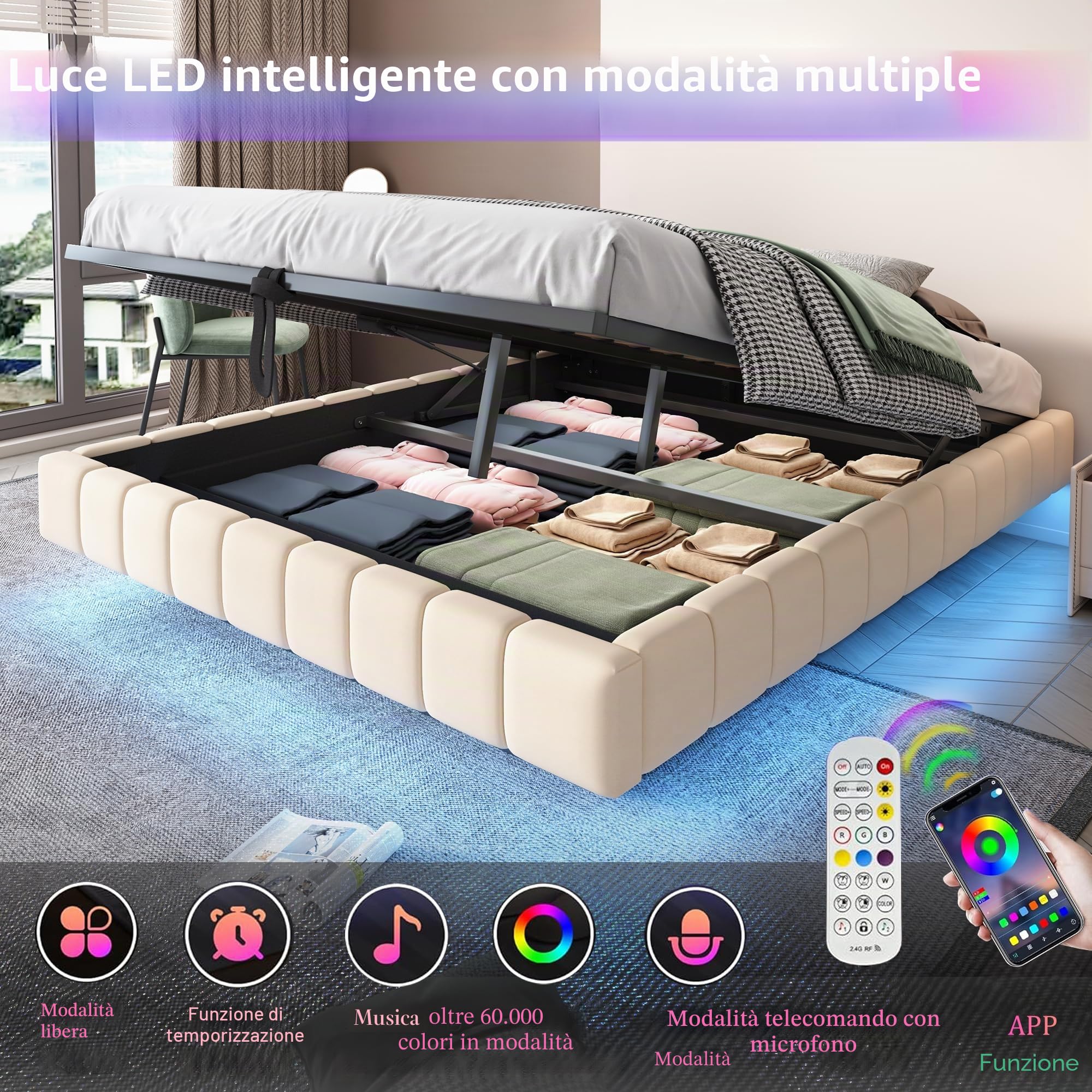 Letto matrimoniale imbottito, 160 x 200 cm, letto a molle con cassetta, con illuminazione a LED, telaio del letto con spazio di archiviazione, telaio del letto senza testiera, senza materasso