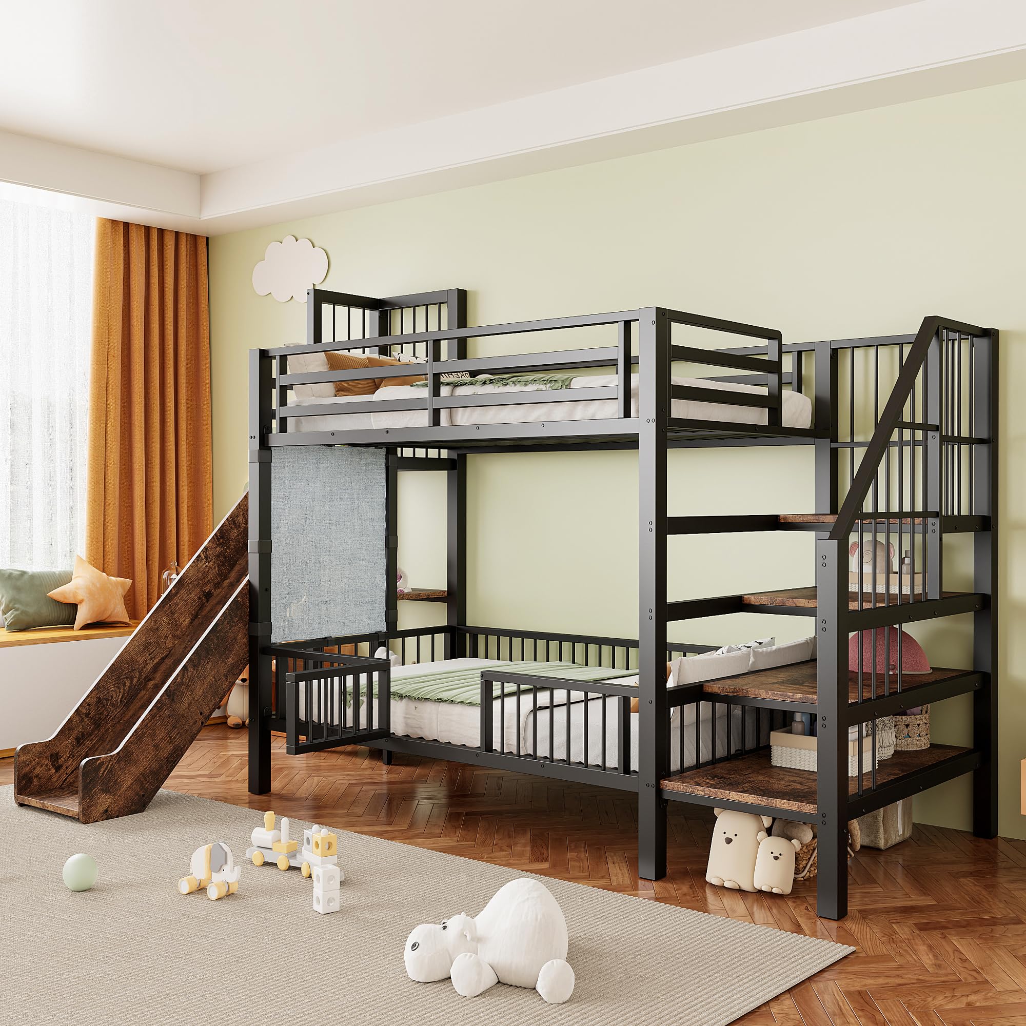 Merax Metall-Etagenbett 90×200 cm, mit Rutsche, Stauraumtreppe, Schutzgitter, integrierten Regalen, platzsparendes Kinderbett, Etagenbett für Jungen & Mädchen, Schwarz (ohne Matratze)