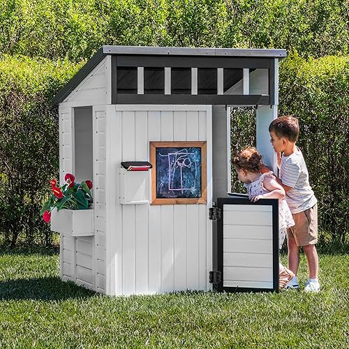 Miniatura 8 de Backyard Discovery Caraway Cottage Casa de juegos de madera de cedro blanco para niños con cocina de juego, pizarra, buzón, media puerta, ventanas,