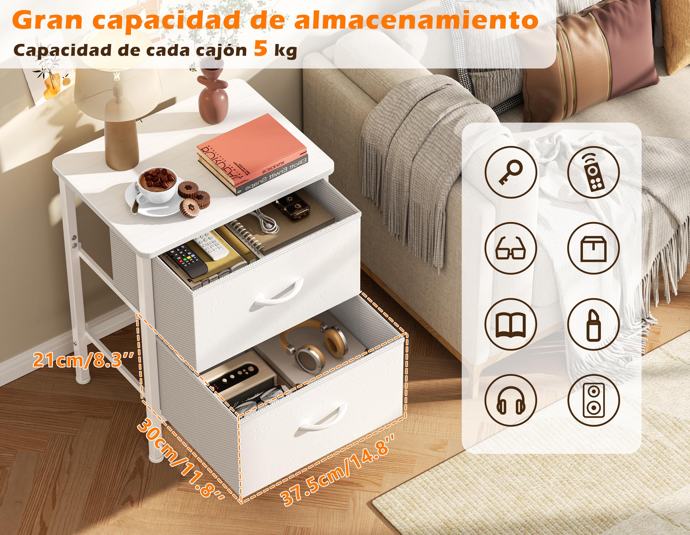 HOMIDEC Mesita de Noche, Juego de 2 Mesitas de Noche con Estructura de Metal y 2 Cajones de Tela de Gran Capacidad para Dormitorio, Salón, Color Blanco, 42 x 30 x 55 cm
