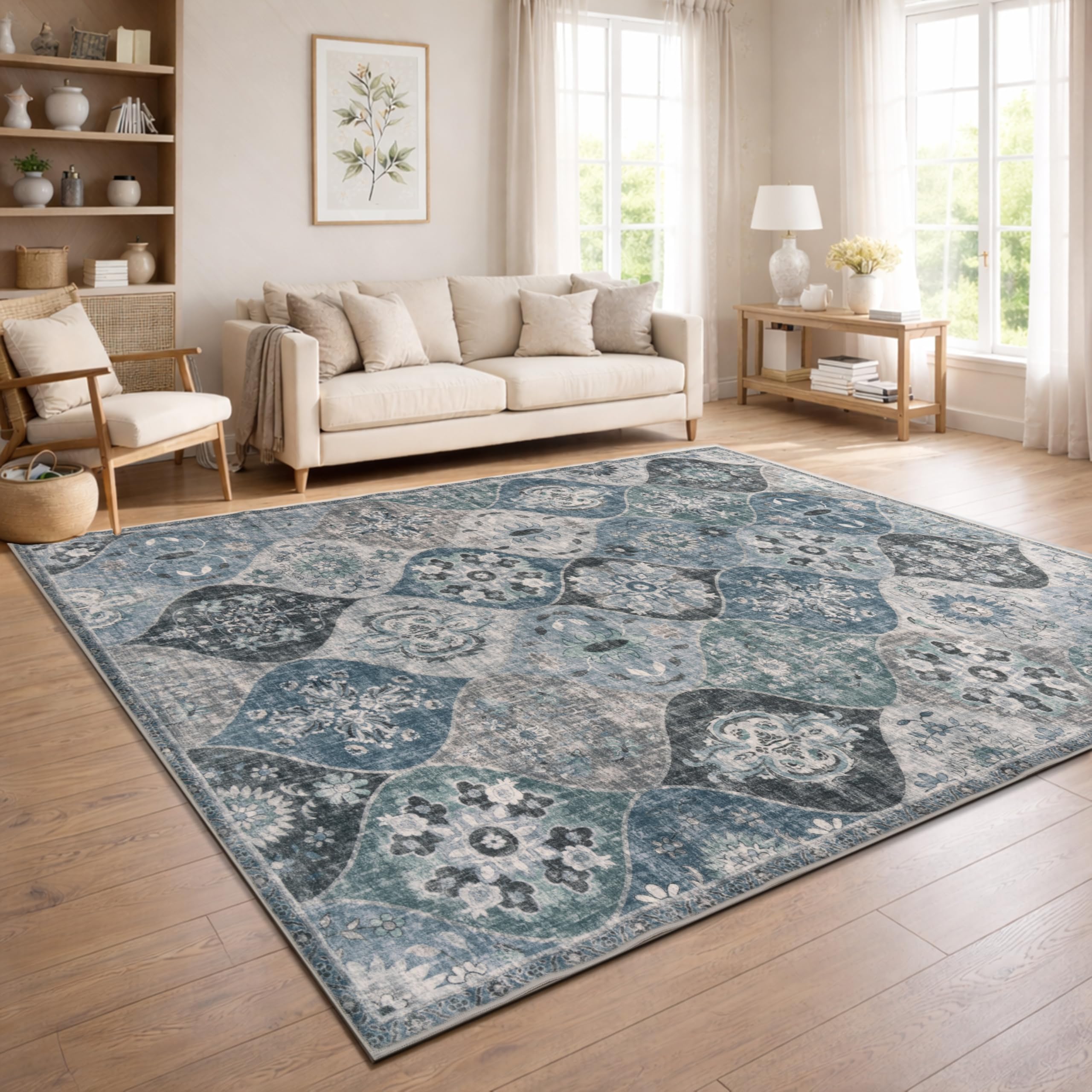 Paco Home Vintage Wohnzimmerteppich Kurzflor Boho Stil Waschbar & rutschfest pflegeleicht modernes Retro Design, Farbe:Türkis, Größe:120x160 cm