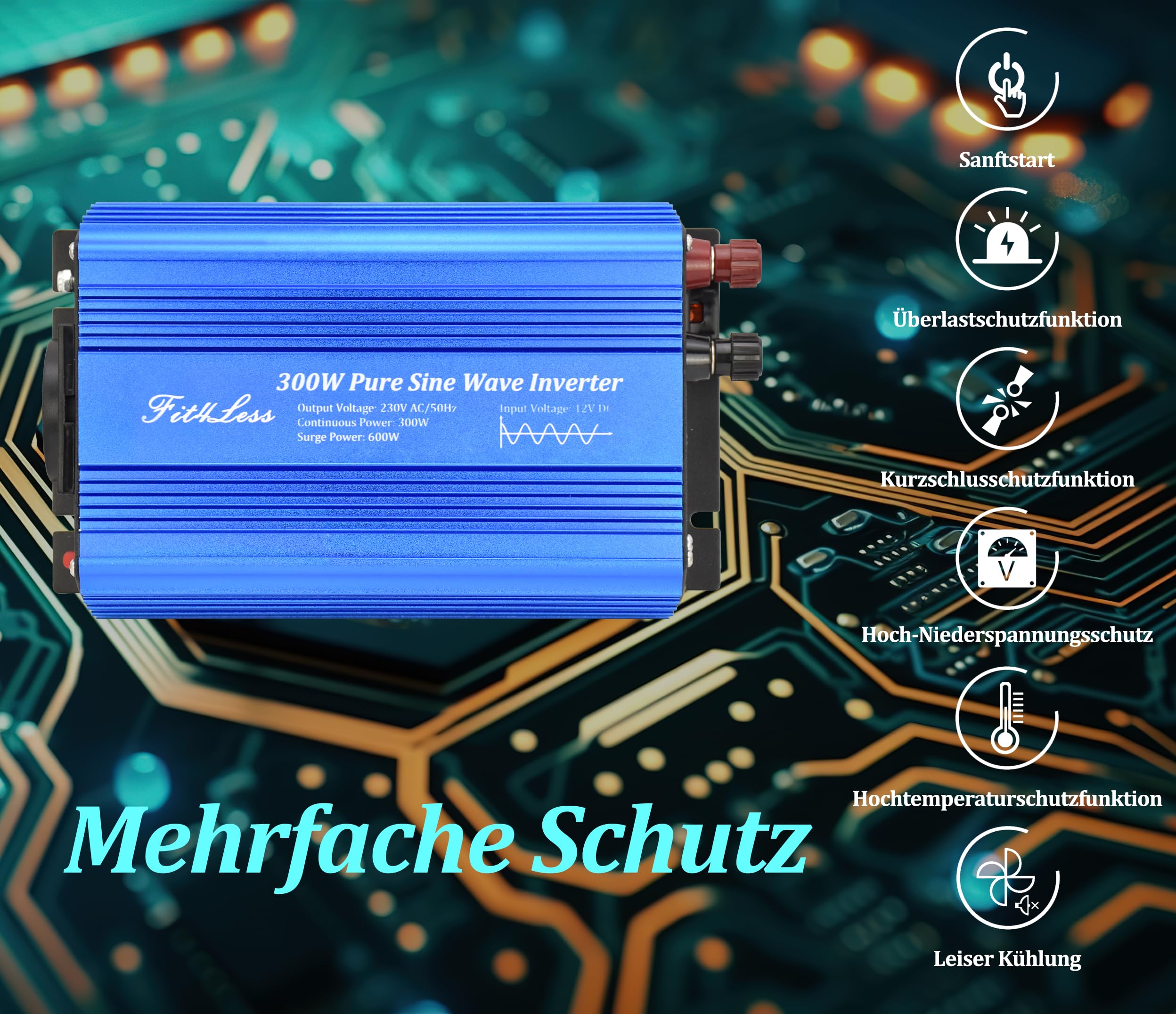 Reiner Sinus-wechselrichter 300 Watt mit Deutsche Steckdosen,DC 5 V 2 A USB-Ausgang (300W)