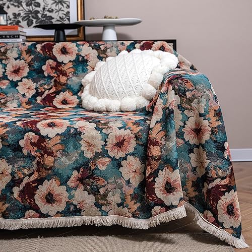 Miniatura 25 de vctops Fundas de sofá jacquard vintage para sofá seccional, patrón geométrico con flecos, protector de sofá para perros, loveseat futón funda en