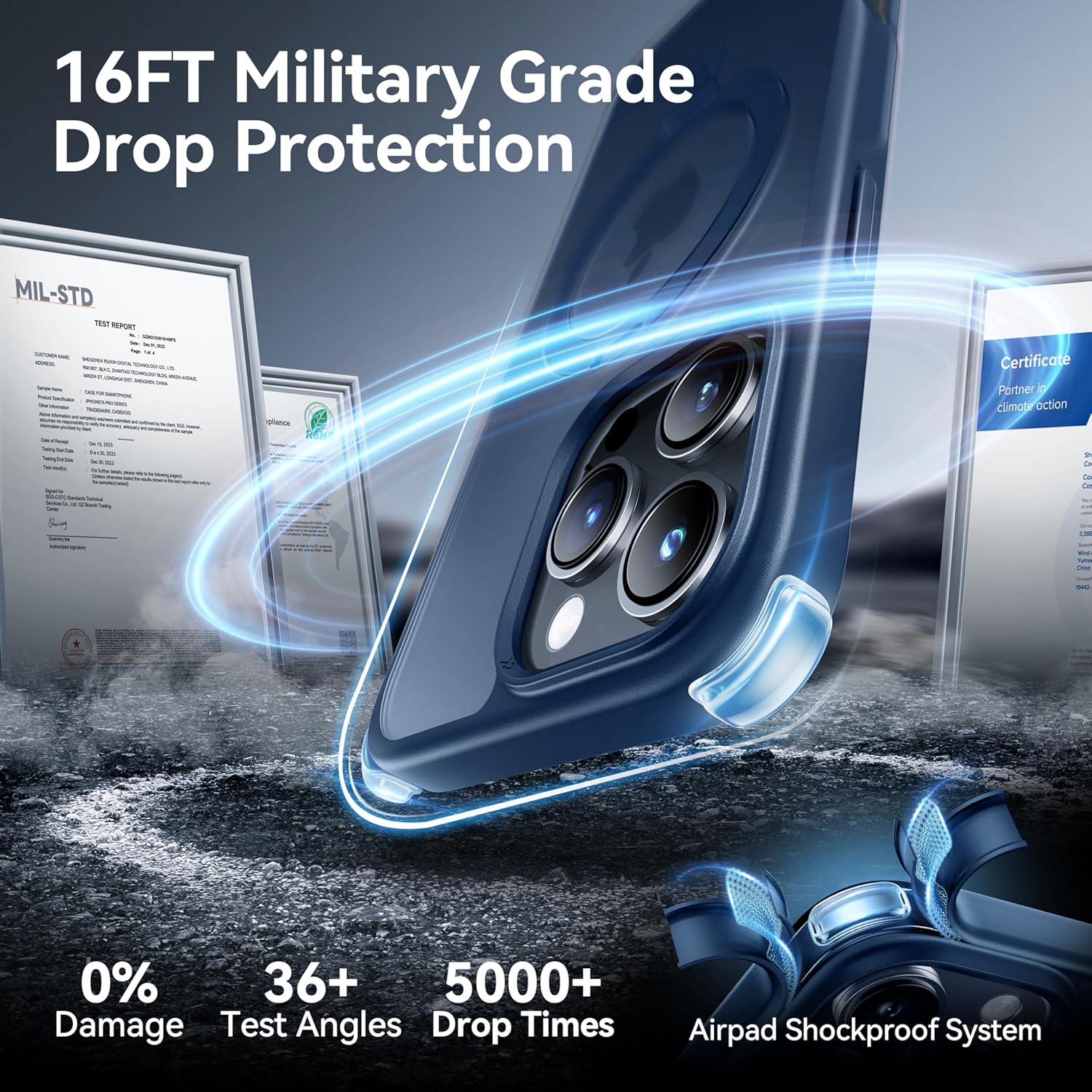 CASEKOO Ultra-Magnetic Stand for iPhone 16 Pro Case [Military Drop Protection] [Compatible with MagSafe] Shockproof Translucent Matte Slim Ring Holder Case for iPhone 16 Pro 6.3", Blue - Image 5