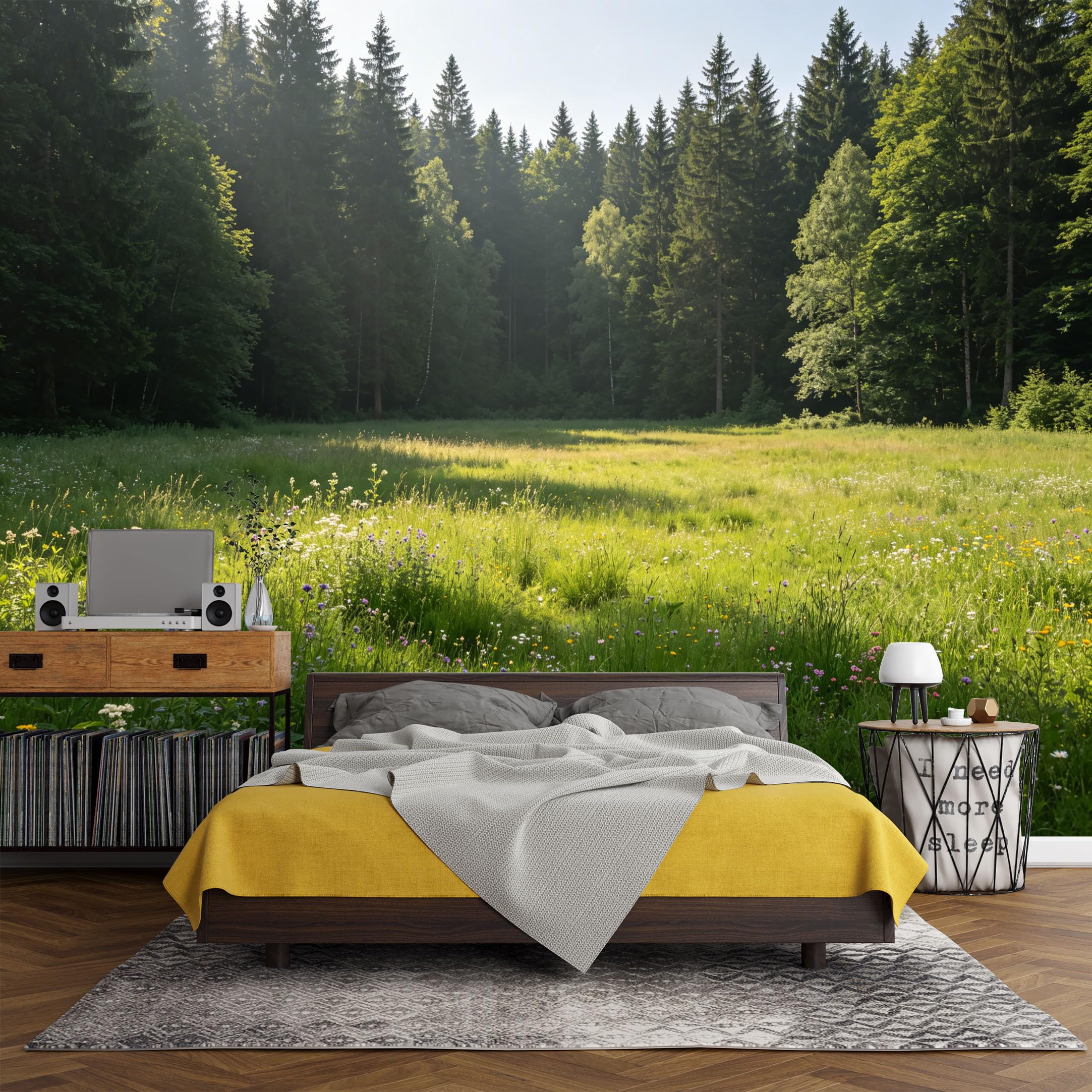Custom Size Wall Mural， Forest Meadow Wildflowers Sunshine Landscape Botanical Nature Scenery，SelfAdhesive Art Prints wall Fabric (No PVC) Removable Wallpaper Living Room Decor
