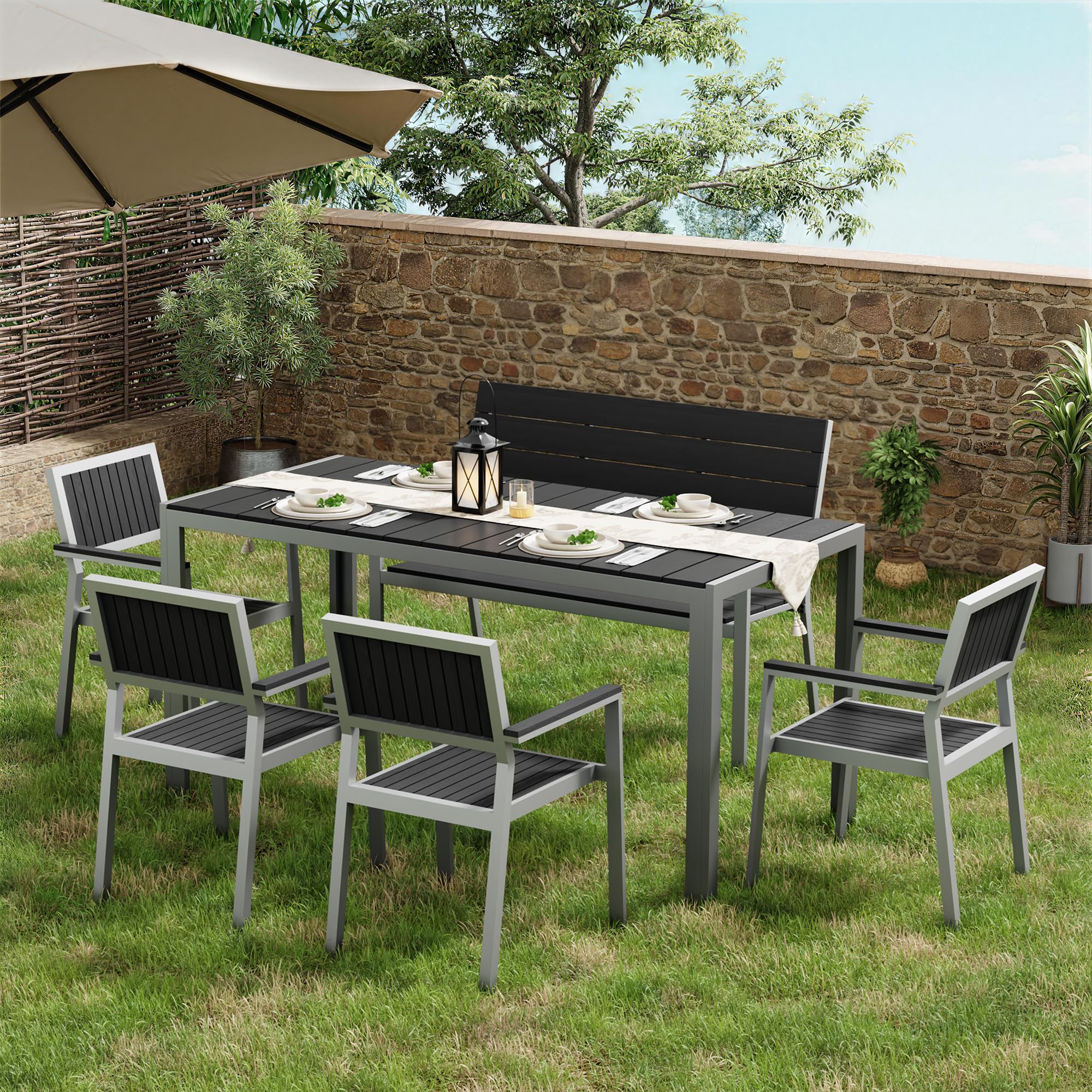 Amopatio Gartentisch Wetterfest 150×80 cm, WPC Balkontisch Aluminium, Rechteckiger Terrassentisch UV-beständig Gartenmöbel für Garten & Outdoor, Moderner Esstisch Grau-Grau
