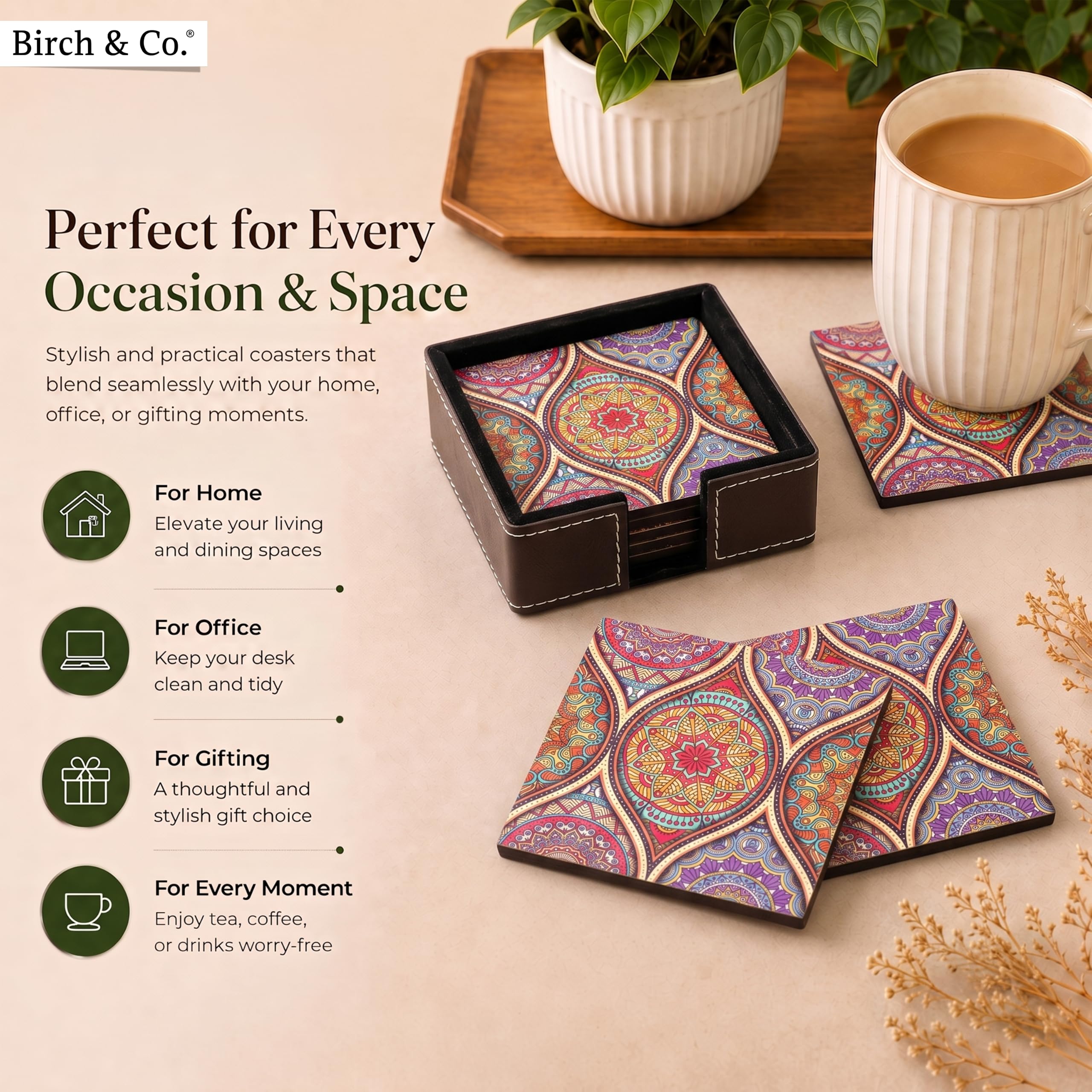 Birch & Co. Leather Coasters - Tea Coaster - Dining Table Decor Accessories - Coster Set For Dining Table For Hot Pots - Coasters For Cups Set Of 6 -Durable And Long-Lasting, Premium Finish, Mandala — Amazon image 2