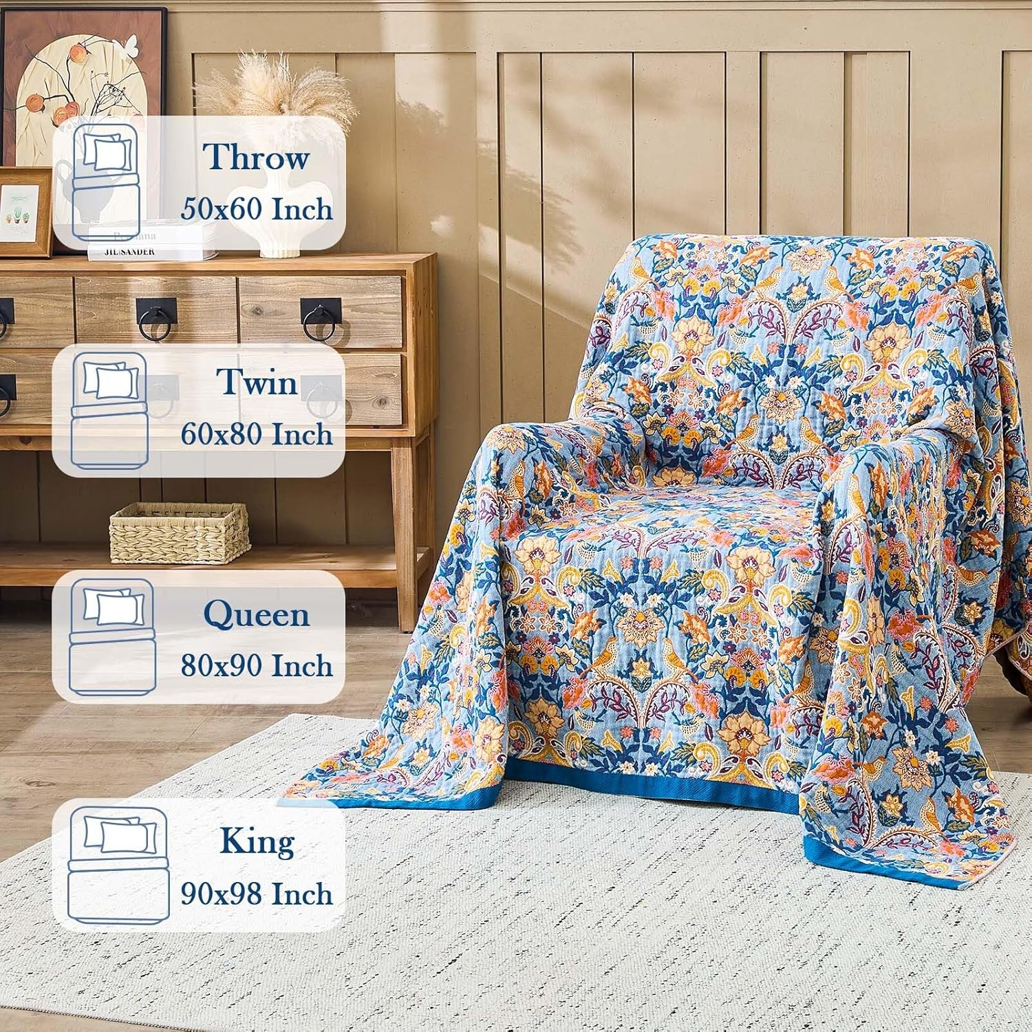 Blue Orange Fall Blanket 80"x 90" Boho Throw Blankets for Couch Bed Chair, 100% Cotton Quilts Warm Soft Blanket Muslin Bed Blankets Home Decor Farmhouse Warm Throws Gifts for Women Mom - Image 5