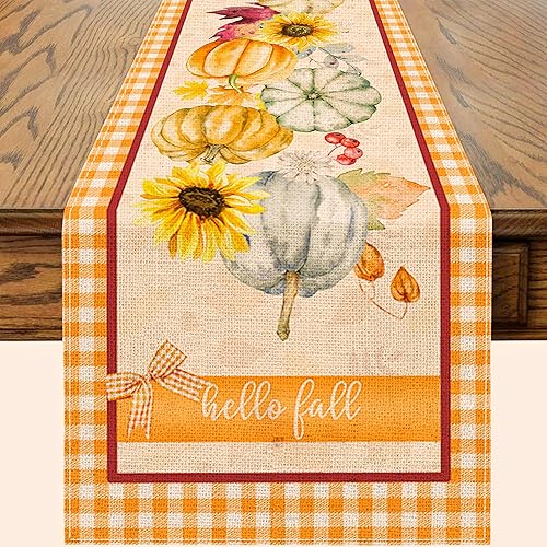 Camino de mesa de otoño, camino de otoño, calabazas de hola otoño, gnomos para mesa de 72 pulgadas, decoración de cuadros de búfalo naranja