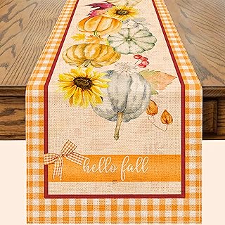 Fall Table Runner, Fall Table Runner 108 Inches Long, Fall Pumpkins Gnomes Runners for Table, Autumn Leaves Harvest Orange Plaid Decor Extra Long Burlap Runner Rug for Home Decorations Dining Room