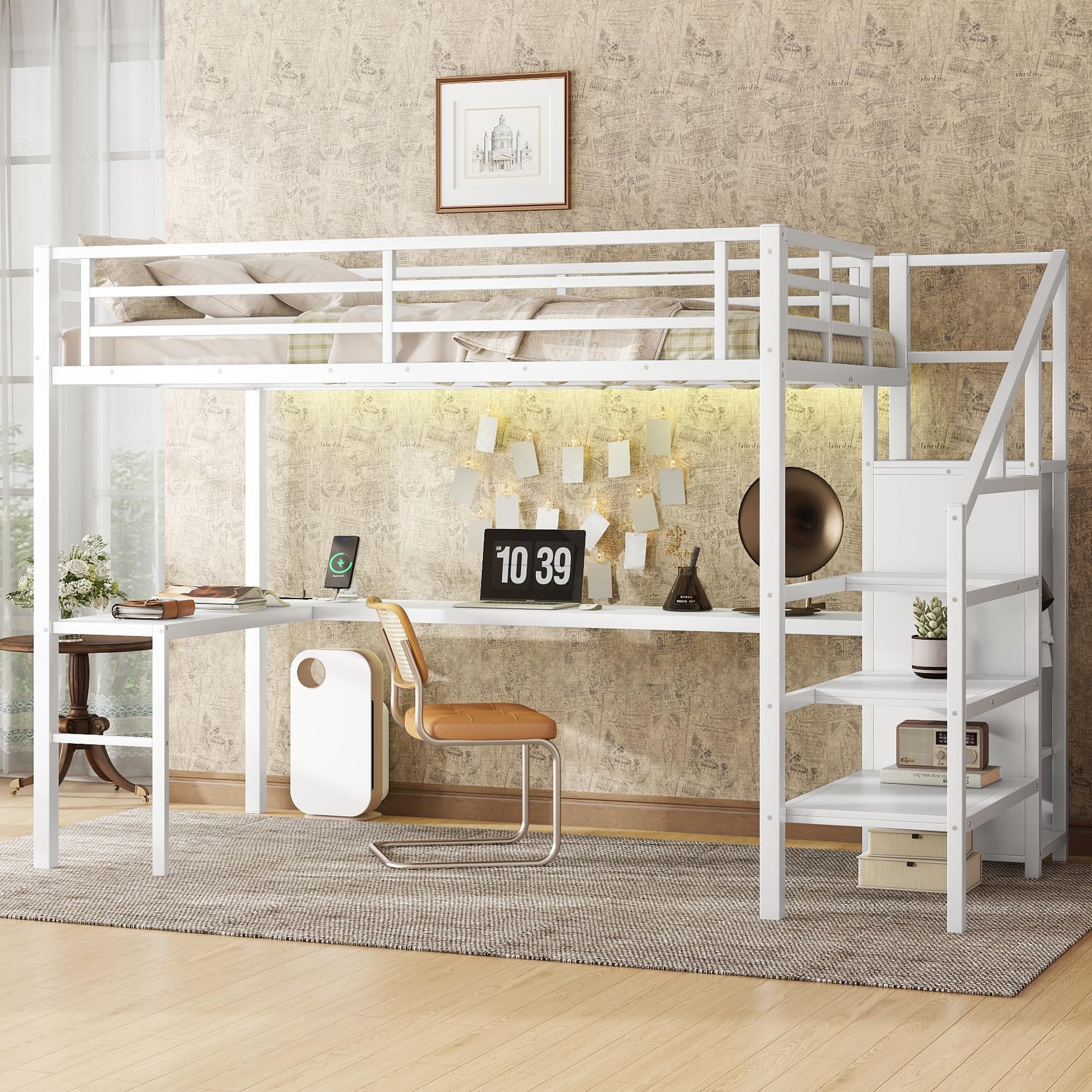 Full Size Loft Bed with Desk & Storage Stairs, Metal Loft Bedframe with Wardrobe, USB, LED Light, Versatile High Loft Bed for Kids Teens Adults, No Box Spring Needed, White