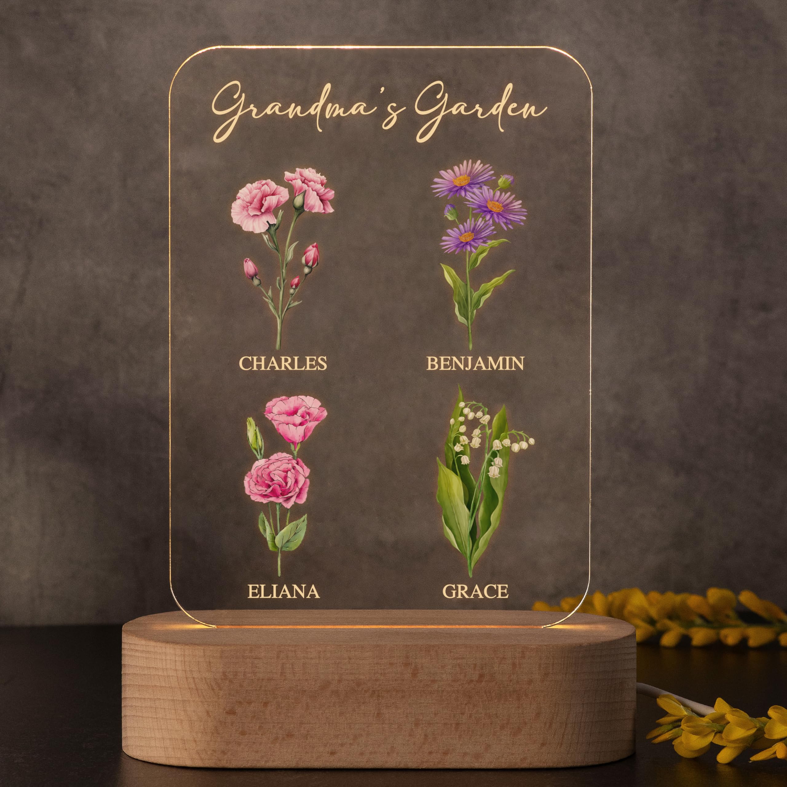 Gifts for Mom, Grandma, Custom Engraved Night Light with Kids' Names, Text & Birthflowers for Mother - Custom Grandma's Garden Gifts, Mothers Day Gifts from Daughter, Son, 4 Flowers