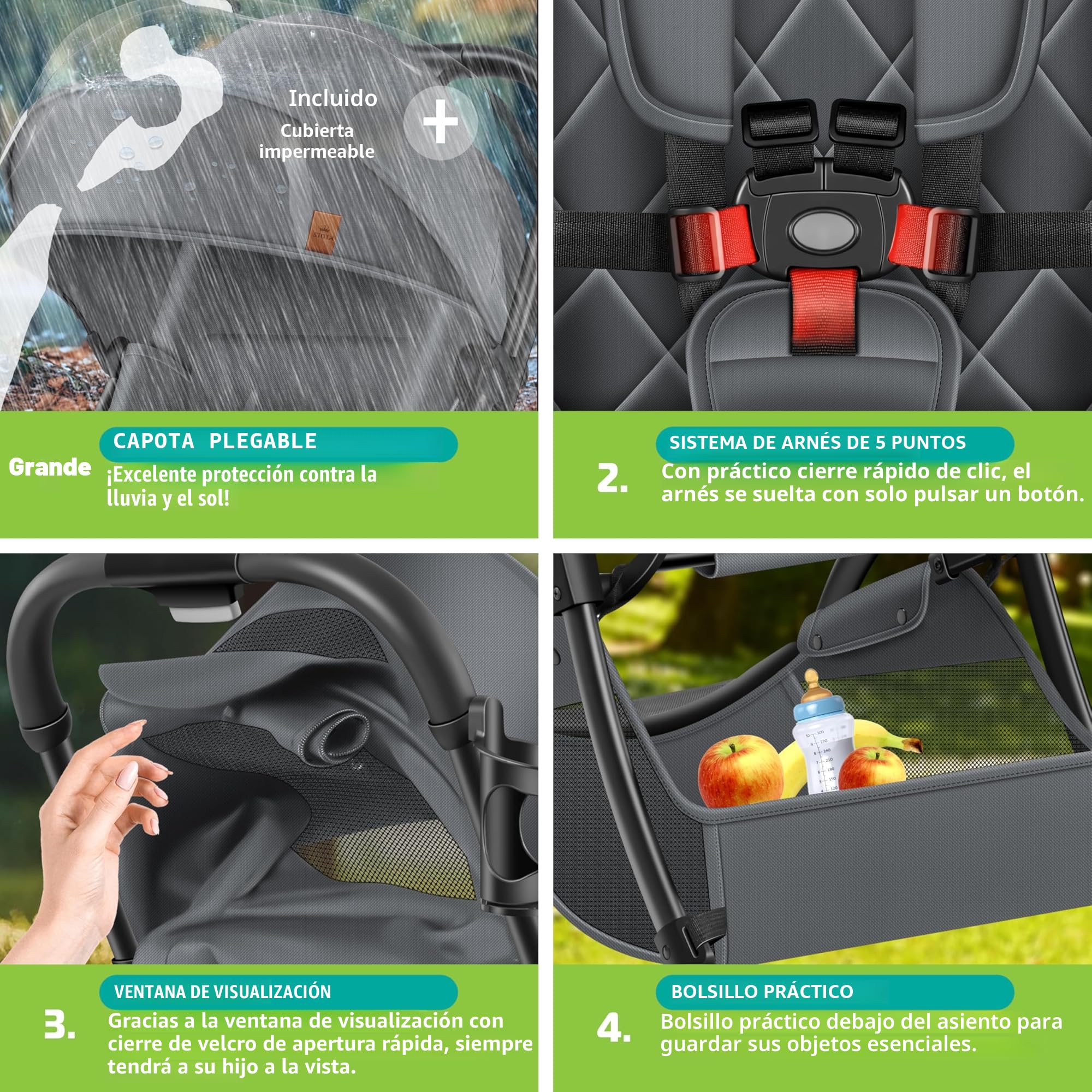 KIDIZ® Premium Silla de Paseo, Buggy, Ruedas de 360°, Arnés de 5 puntos, Incluye portavasos y protector de lluvia, Respaldo ajustable y capota, Plegable, Antracita
