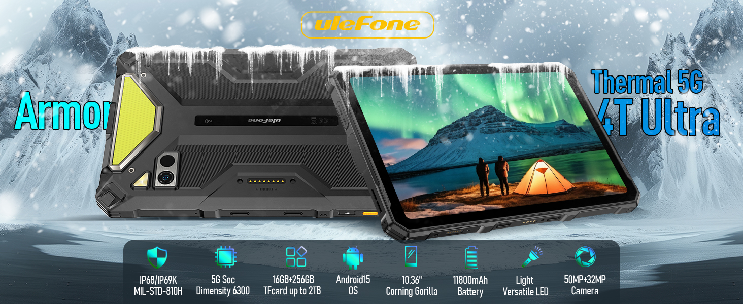 Ulefone Armor PAD 4 Ultra 5G Rugged Tablet Android 15, MTK 6300 16GB+256GB/ 2TB Robusto Tablet, 10.36 FHD+, 11800mAh, 50MP+32MP, 2 Altoparlanti,1100lm Luce da campeggio, IP68/IP69K/OTG/GPS/NFC/FM