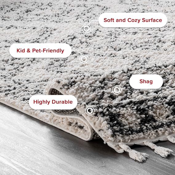 Nuloom Vasiliki Off-White/Charcoal, 7'10 x 10', Moroccan Shag, Tassel, Soft and Plush, High Traffic, Stain Resistant, Easy Clean, Durable Area Rug for Bedroom, Living Room, Dining Space, Den, Foyer