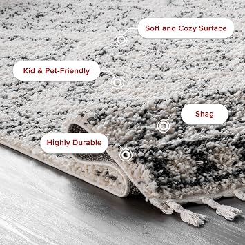 Nuloom Vasiliki Off-White/Charcoal, 7'10 x 10', Moroccan Shag, Tassel, Soft and Plush, High Traffic, Stain Resistant, Easy Clean, Durable Area Rug for Bedroom, Living Room, Dining Space, Den, Foyer