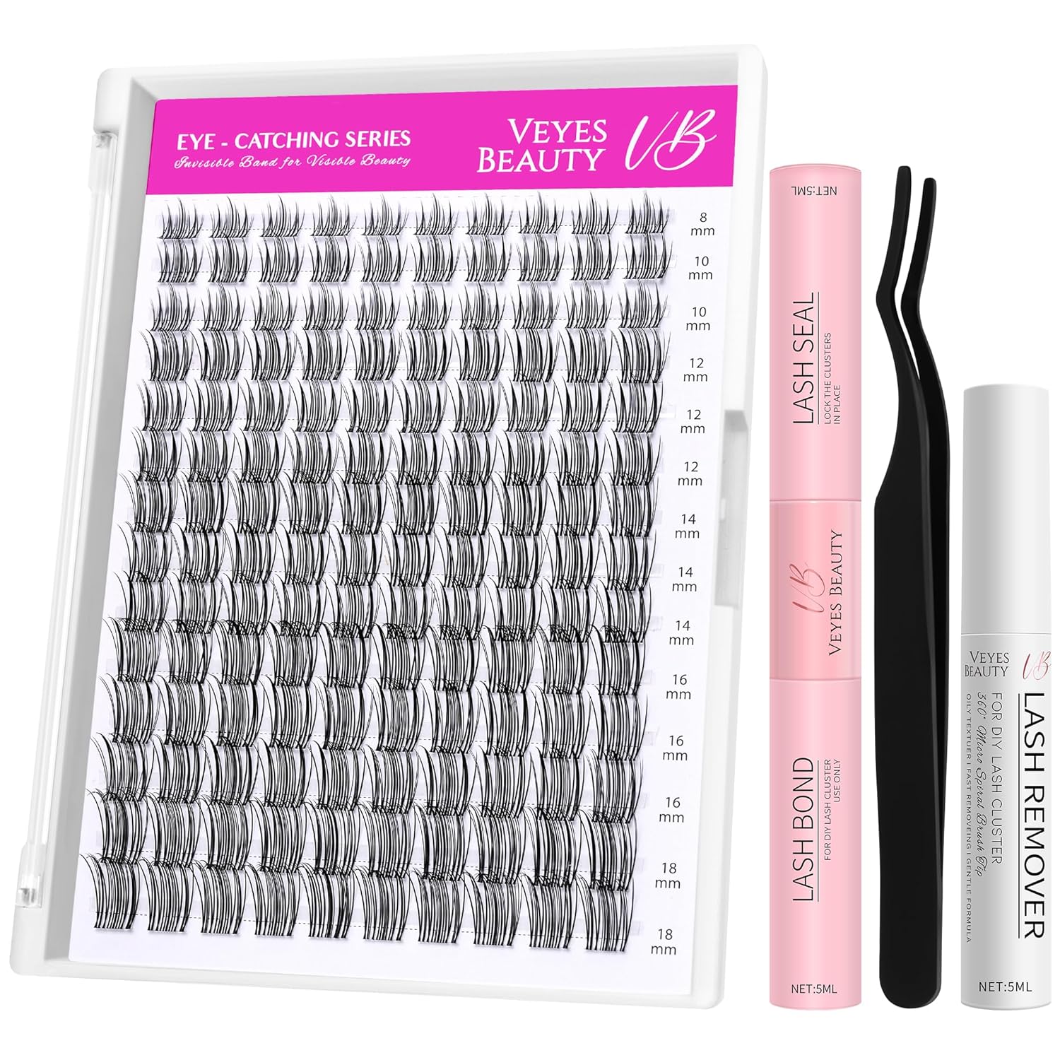 VEYESBEAUTY Sweetie Lash Clusters Kit Individual Lash Extensions Eye-Catching Series DIY Dramatic Eyelash Wispy Faux Mink Lash Mixed Length Tray with Bond & Seal, Applicator at Home