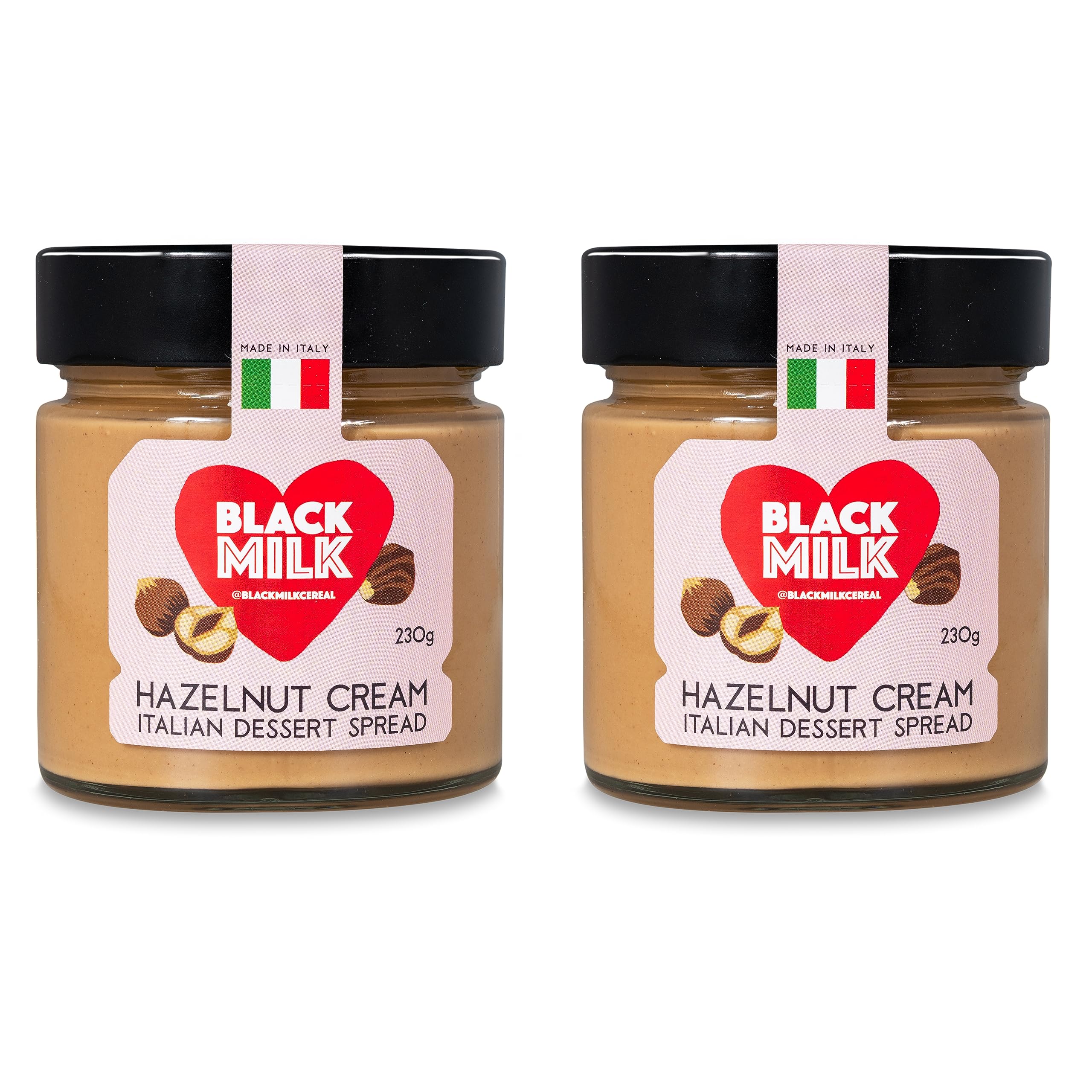 Black Milk Hazelnut Cream Spread 2x230g - Made In Italy - Bake or Spread - Gluten Free - Two Jars