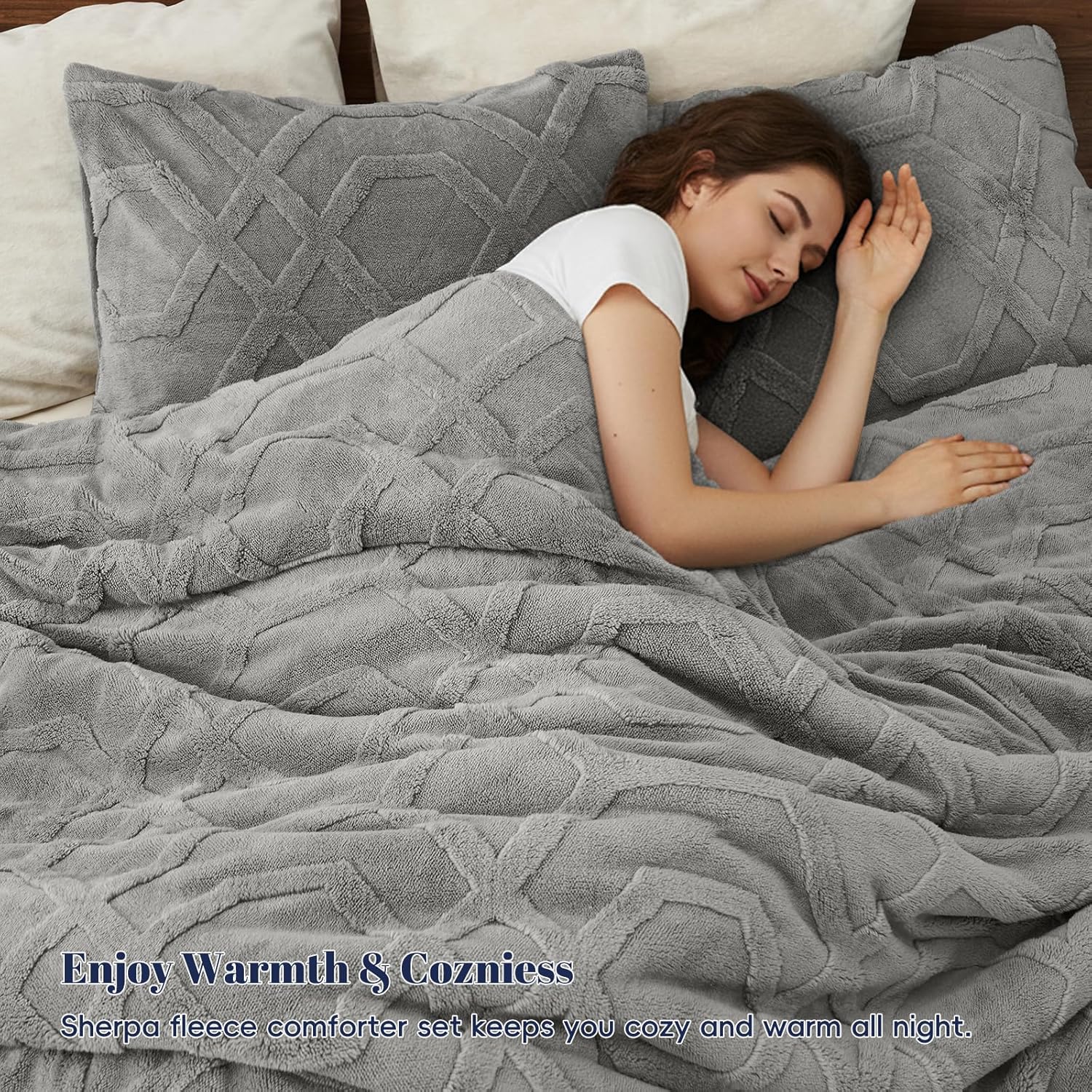 PHF Warm Sherpa Fleece Queen Comforter Set, 3D Tufted Fluffy Grey Bedding for Winter, Soft 3 Pieces Shaggy Bed Set, 1 Comforter (90"x90") and 2 Pillowcases (20"x26") - Image 2