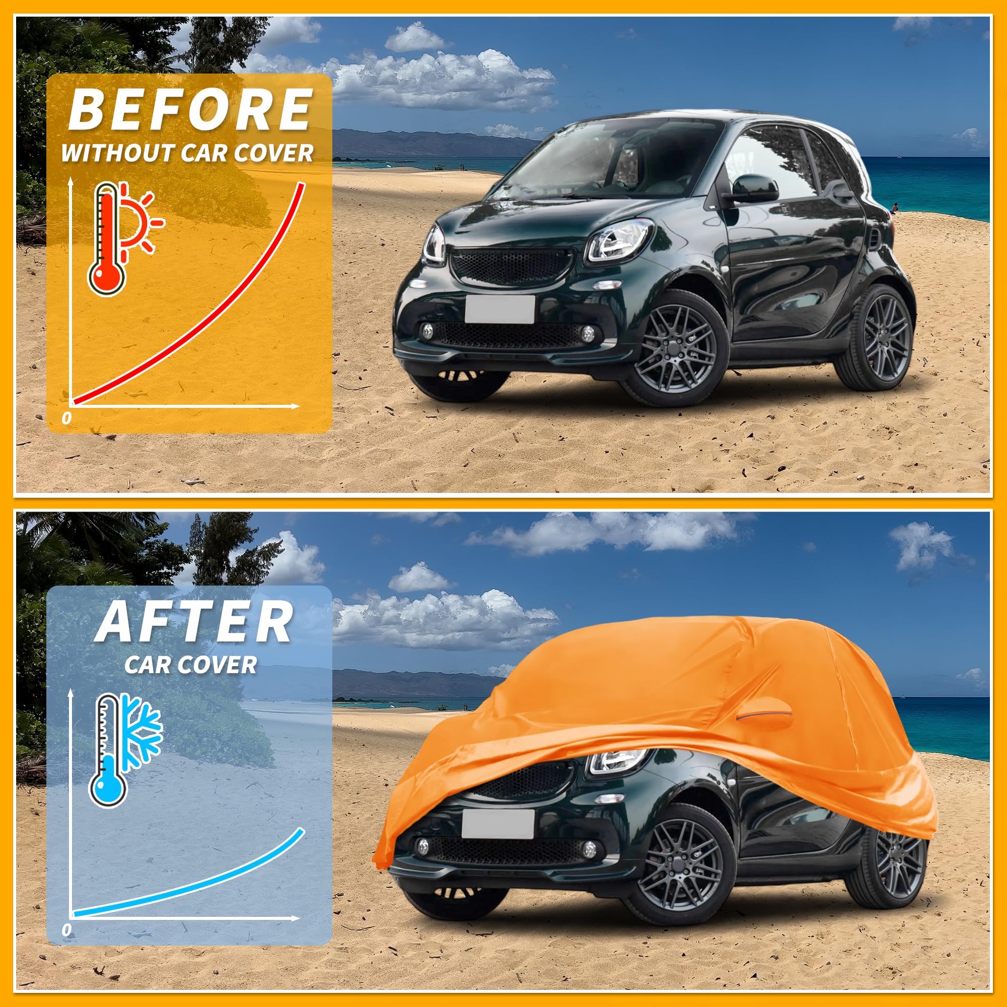 Funda De Coche Impermeable para Todo Clima Exterior Automotriz Protección Solar Anti-UV Lluvia Completa para Smart Fortwo 210D-Pu Naranja con Franjas Reflectantes.