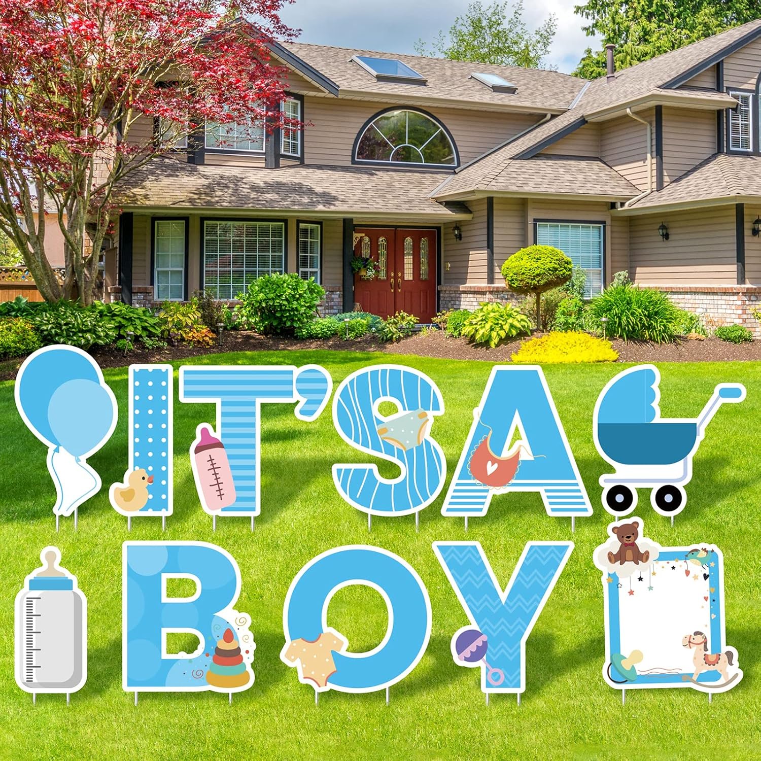 Elcoho 11 Pieces IT’S A Boy Blue Yard Signs with Stakes Includes Letters, Ballon, Baby Bottle, Baby Pacifier Sign for Outdoor Decoration, Gender Reveal Baby Shower, Party Decoration