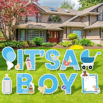 Elcoho 11 Pieces ITS A Boy Blue Yard Signs with Stakes Includes Letters, Ballon, Baby Bottle, Baby Pacifier Sign for Outdoor Decoration, Gender Reveal Baby Shower, Party Decoration