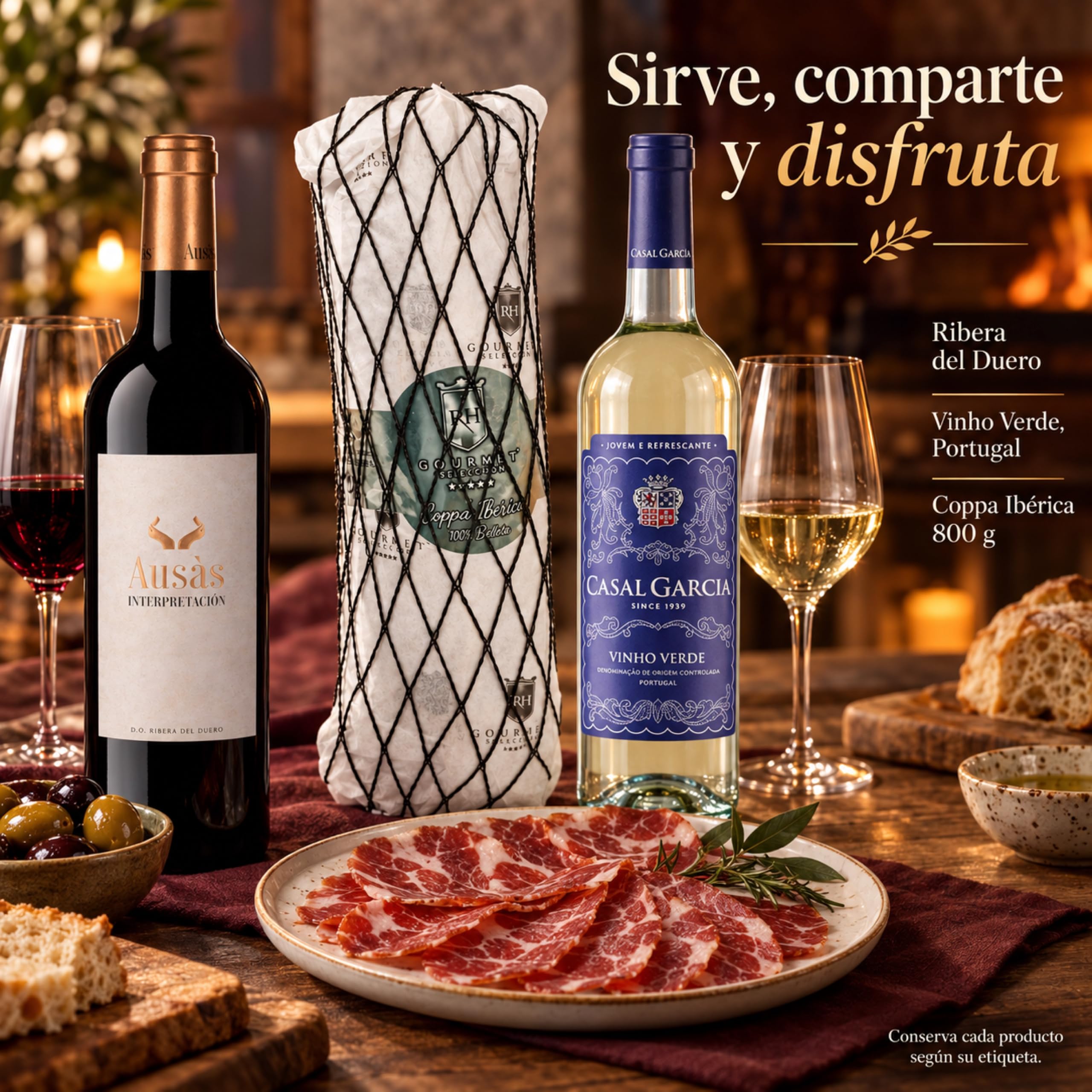Cesta gourmet Navidad Ausás Interpretación y Casal García Vinho Verde con coppa ibérica de bellota 100% 800 g RH Gourmet, pack de 2 botellas 75 cl