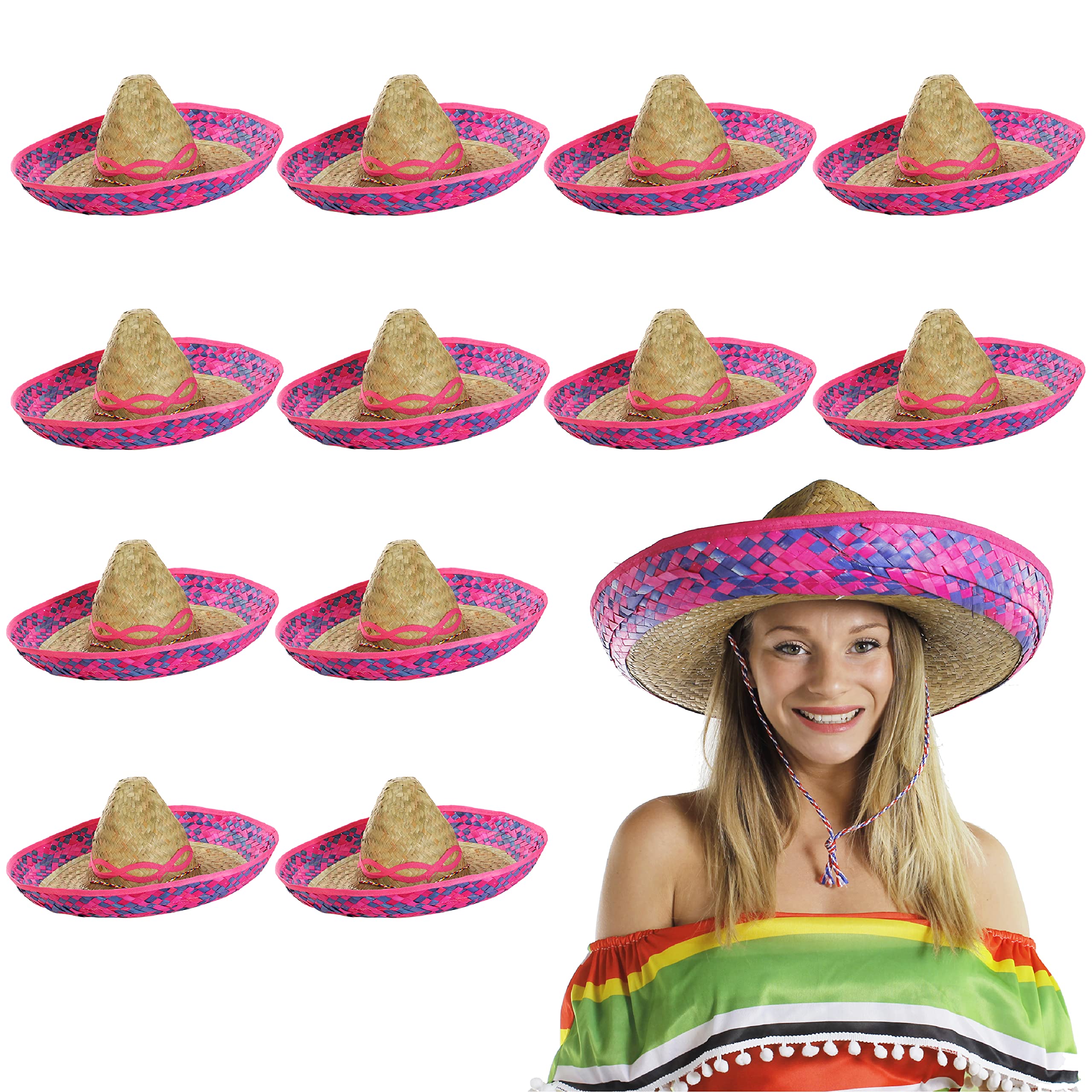 Adults Mexican Sombrero - Pack of 6 - Pink Straw Embroidered Sombrero - Mexico Cinco de Mayo Fiesta Fancy Dress Costume Accessory โ image 1