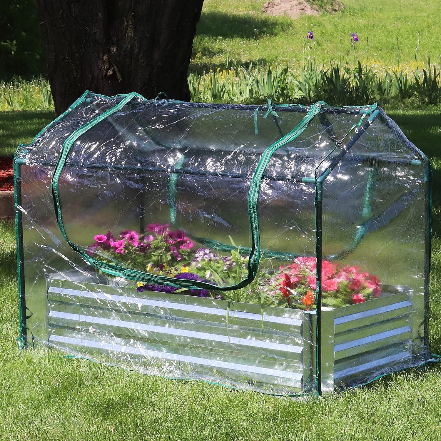 Sunnydaze Steel Raised Garden Bed with Mini Greenhouse - Outdoor Greenhouse Kit - 2 Zippered Doors - Clear - 4' x 2'