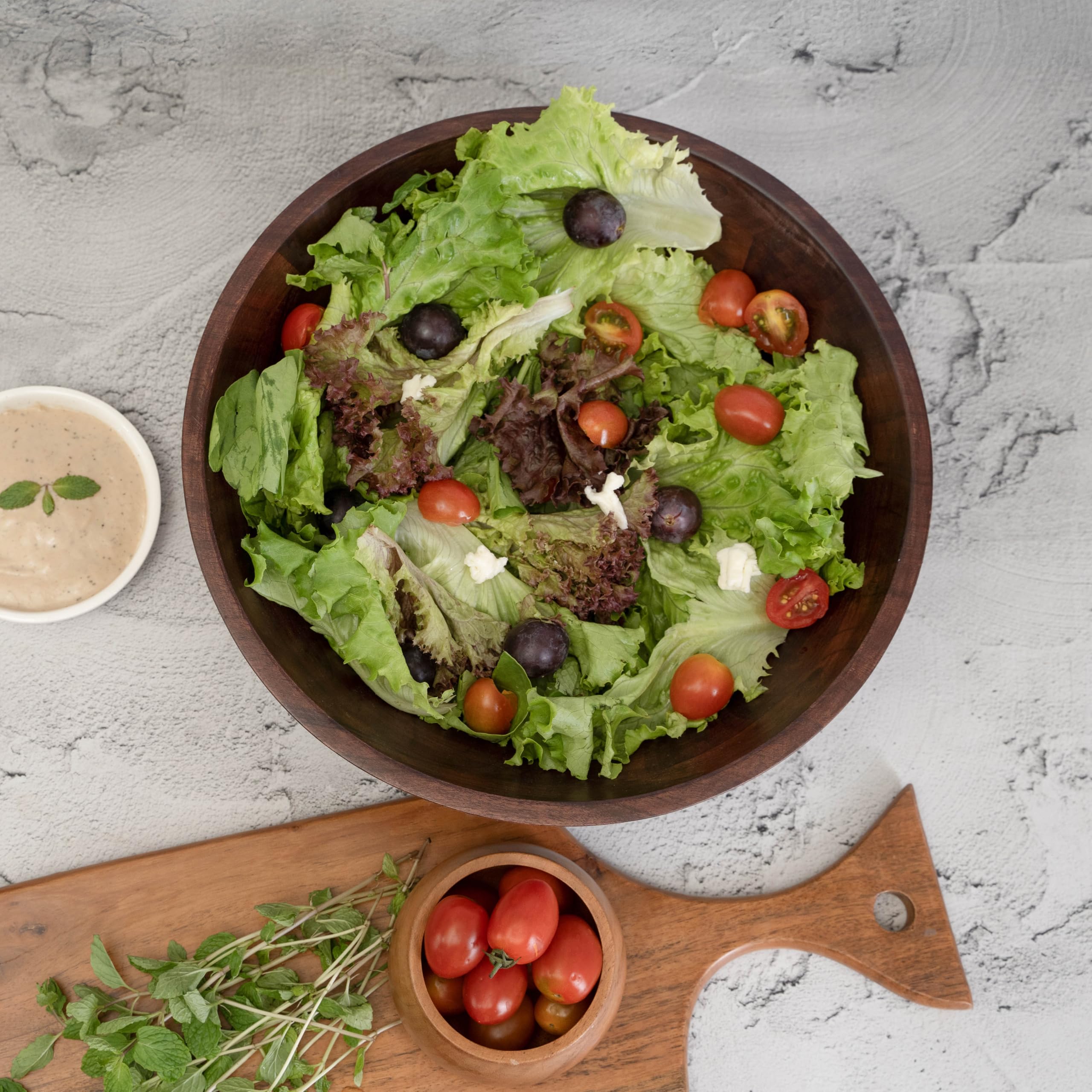 Luxe Designs Juego de ensaladeras de madera, cuenco decorativo seguro para alimentos y sostenible, cuenco de madera para frutas y ensaladas, juego de cuencos grandes fáciles de limpiar con cuchara,