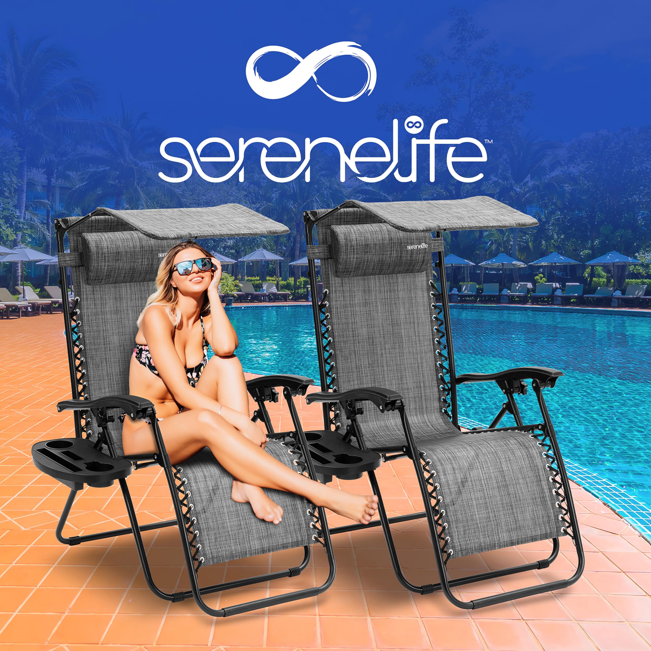 SereneLife Silla reclinable de Jardin, Set de 2, Tumbona, Almohada Desmontable, Bandeja Desmontable para portavasos, Exterior, Patio, Jardin