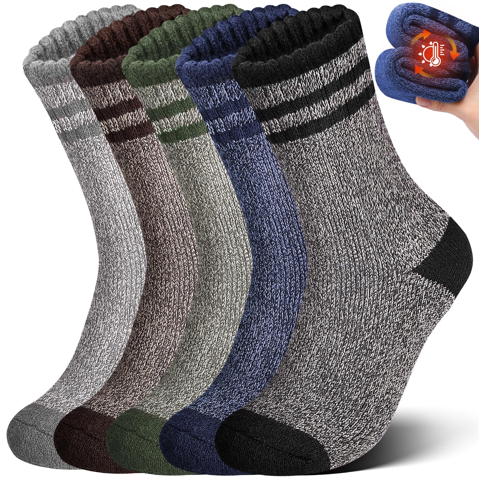 Yeblues 5 Pairs Wool Socks Mens, Winter Thick Merino Warm Hiking Socks,Soft Casual Thermal Crew Socks