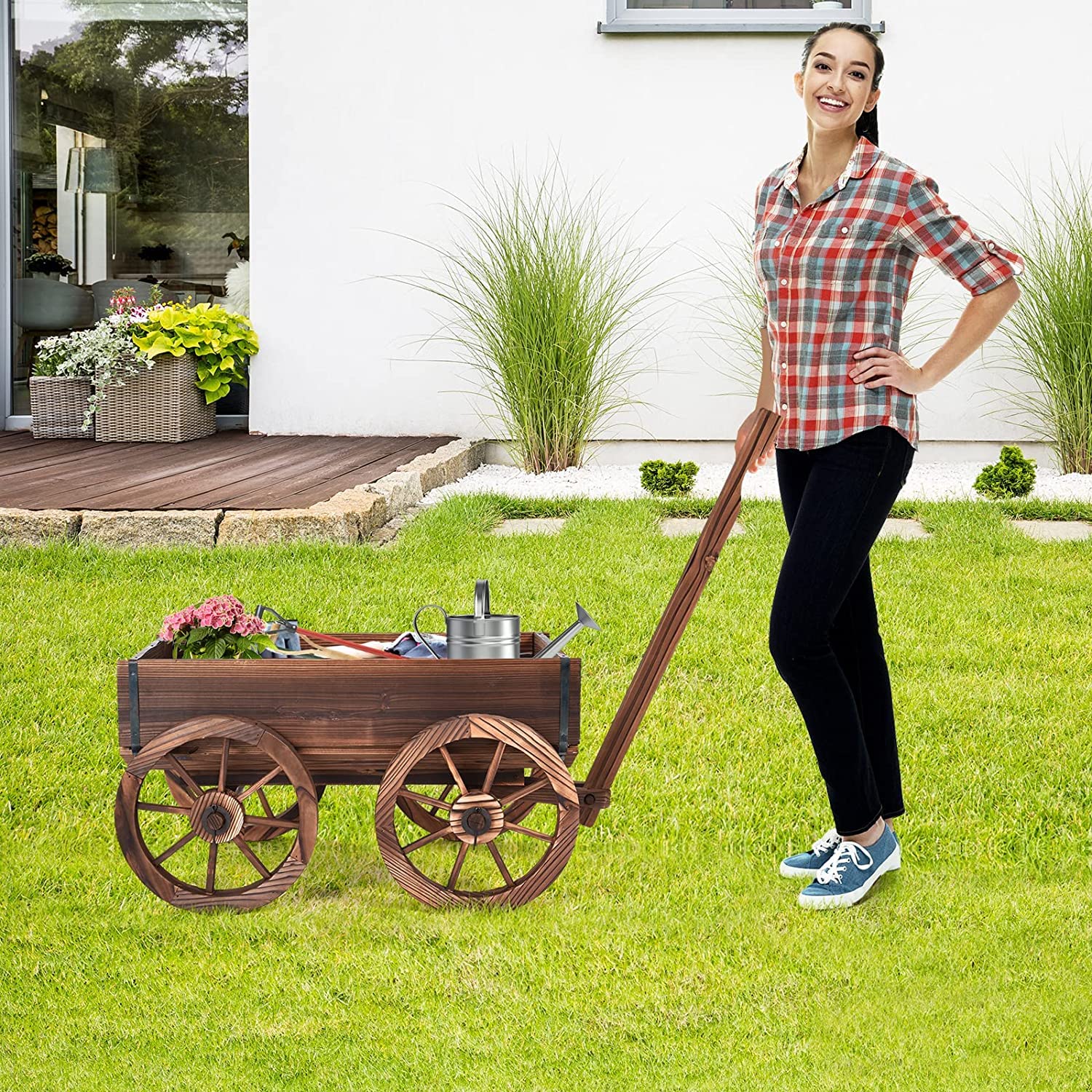 RELAX4LIFE Blumenwagen Holz, Pflanzwagen mit 4 Rädern, Verstellbarem Griff, Ablauflöchern, Bollerwagen Outdoor wetterfest, Pflanzkarre Pflanztopf für Garten Balkon Terrasse, 120 x 43 x 53,5 cm, Braun