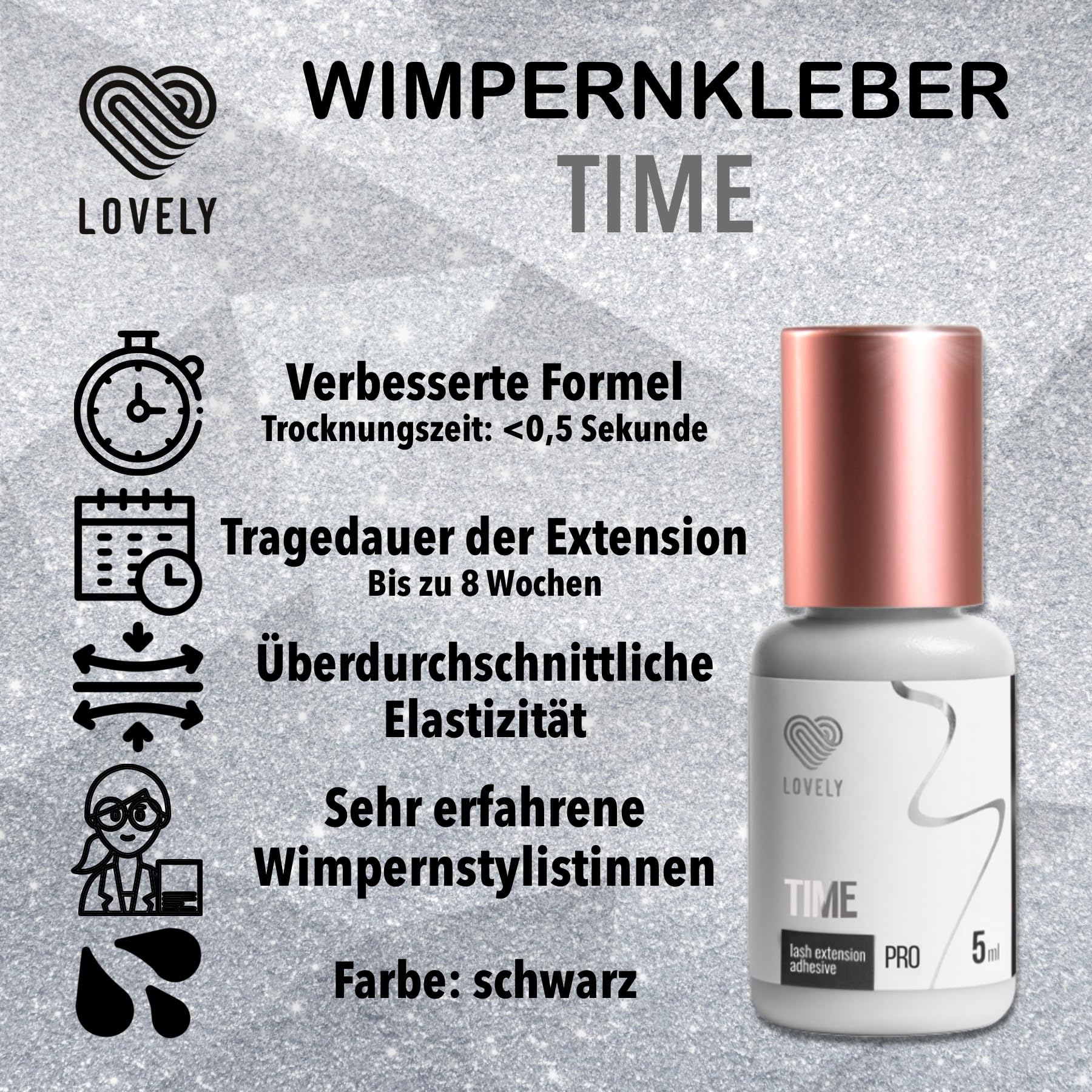 LOVELY Wimpernkleber TIME - schneller Kleber, Trocknungszeit 0,5 Sek. bis zu 8 Wochen Halt, Hypoallergen - Wimpernkleber für Wimpernverlängerung geeignet für Studios & Fremdanwendung - 5ml Schwarz