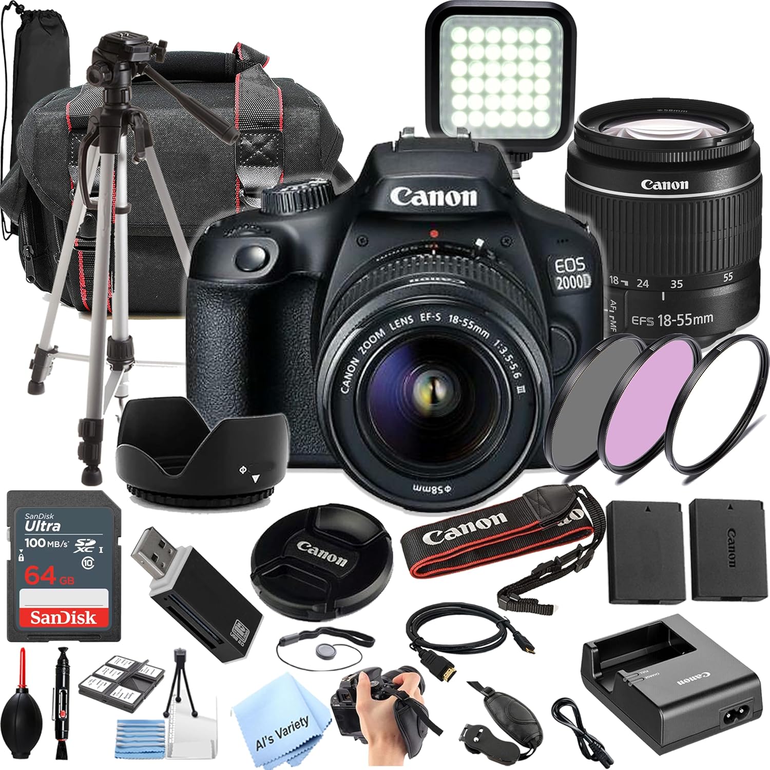 Canon EOS 2000D / Rebel T7 DSLR Camera Kit with EF18-55mm Lens + 64GB Memory, LED Video Light, Case, Tripod, Filters, Grip & More(30pc Bundle) (Renewed)