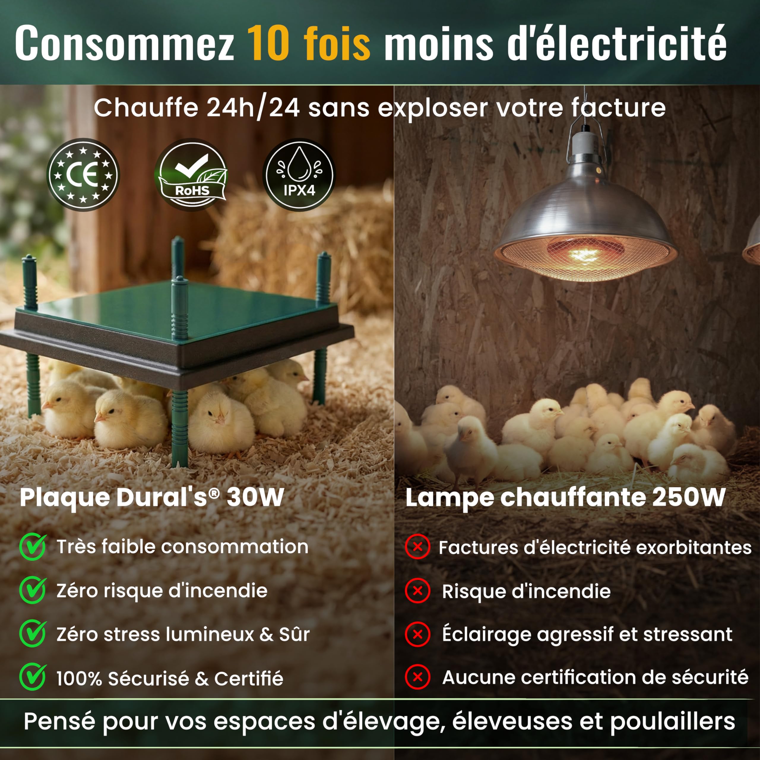 Dural’s® Plaque Chauffante Poussin 35x35 cm - 80% d'Économie d'Énergie (30W) - Chaleur Douce Anti-Stress - Couvercle de Protection Inclus - Hauteur Réglable (25-30 Poussins) + E-Book