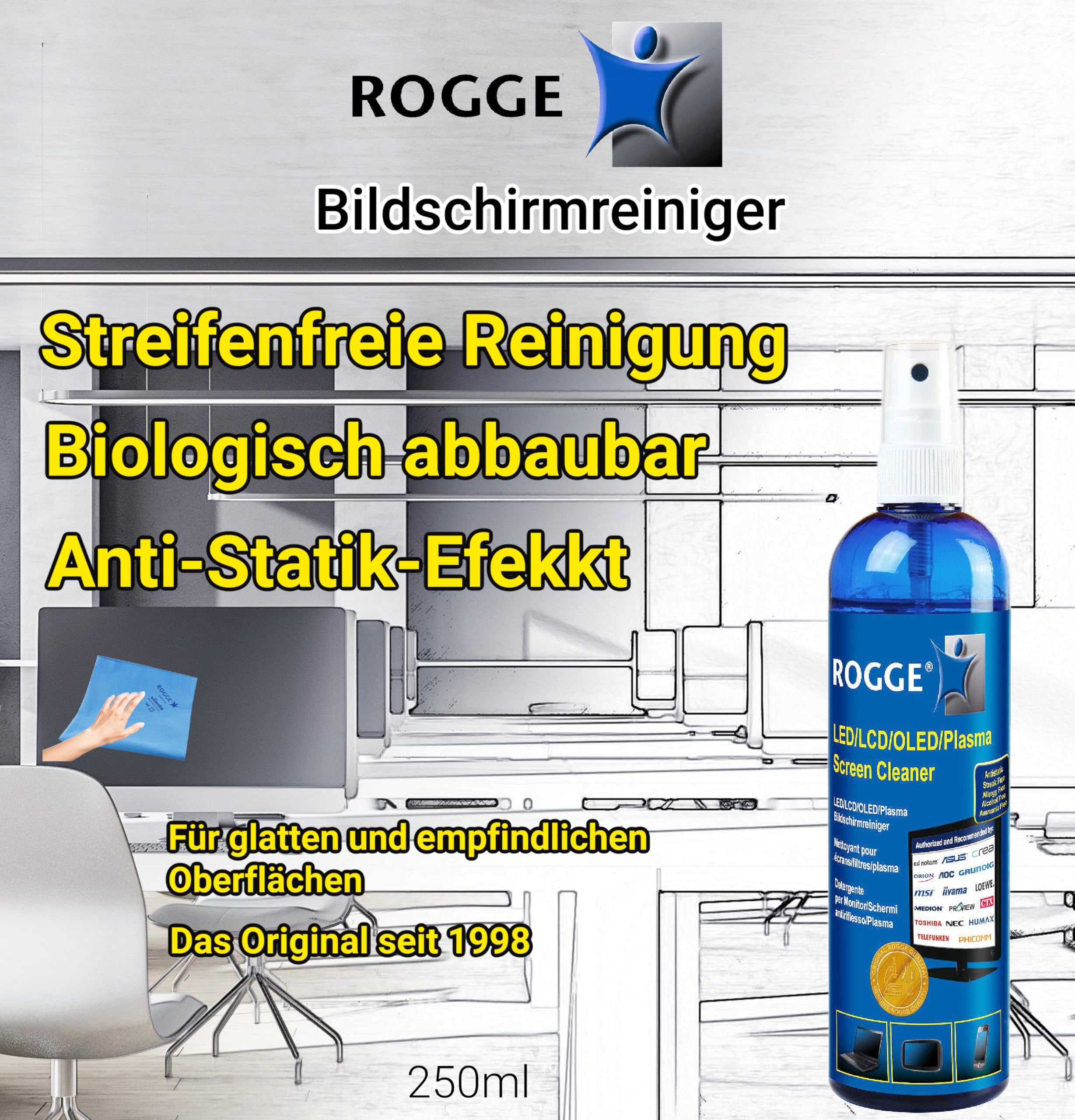 Opakowanie 5 szt. ROGGE 250 ml orygina?, LCD - TFT - LED - TV - Ekran dotykowy + Plazma Screen Cleaner.