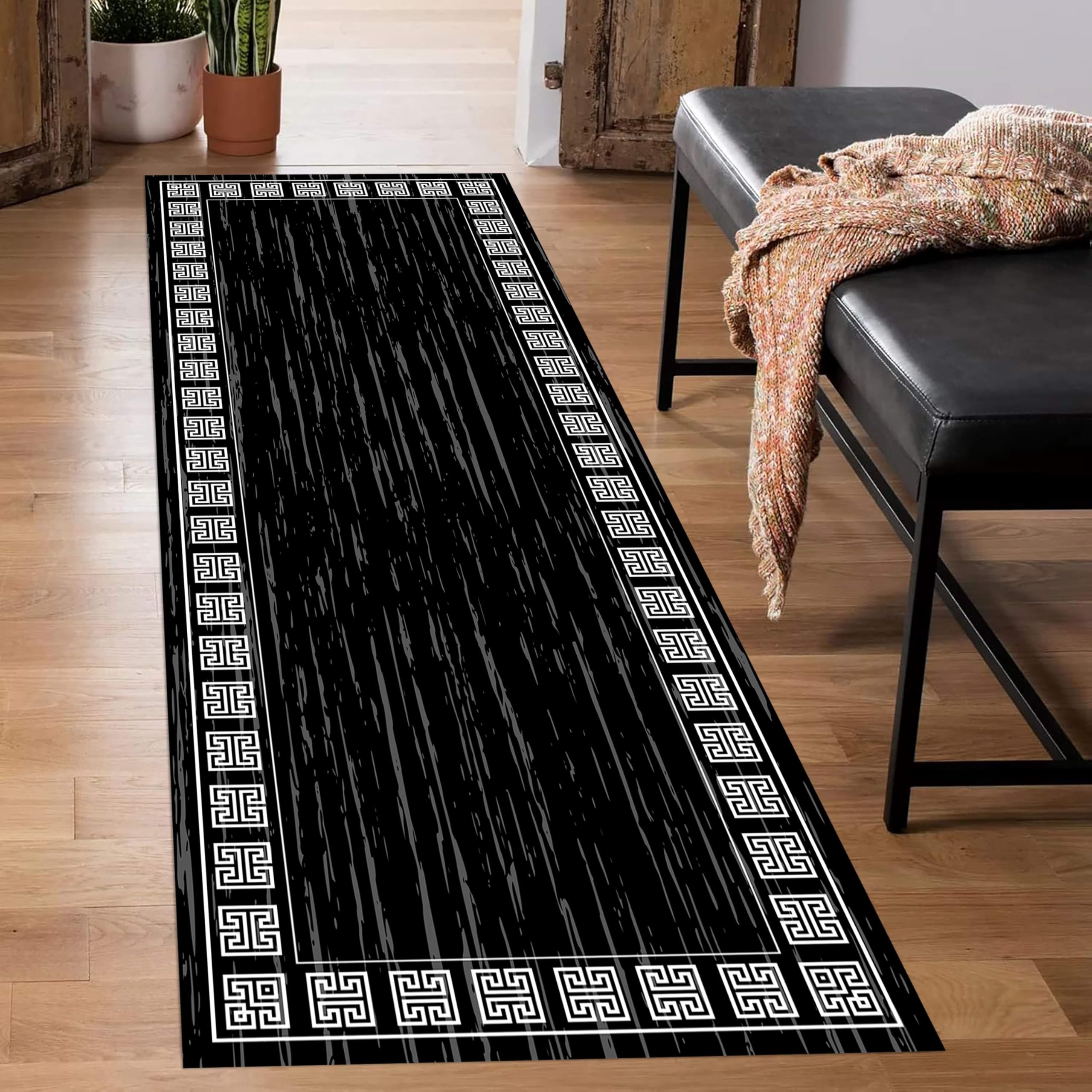 LHOMKCV Rustic Tribal Runner Rug, 60x120cm, Black Wood Grain Greek Key Print Traditional Aztec Long Hallway Rugs, Lightweight Non Slip Stain Resistant Carpet Runners for Living Room Relax Room