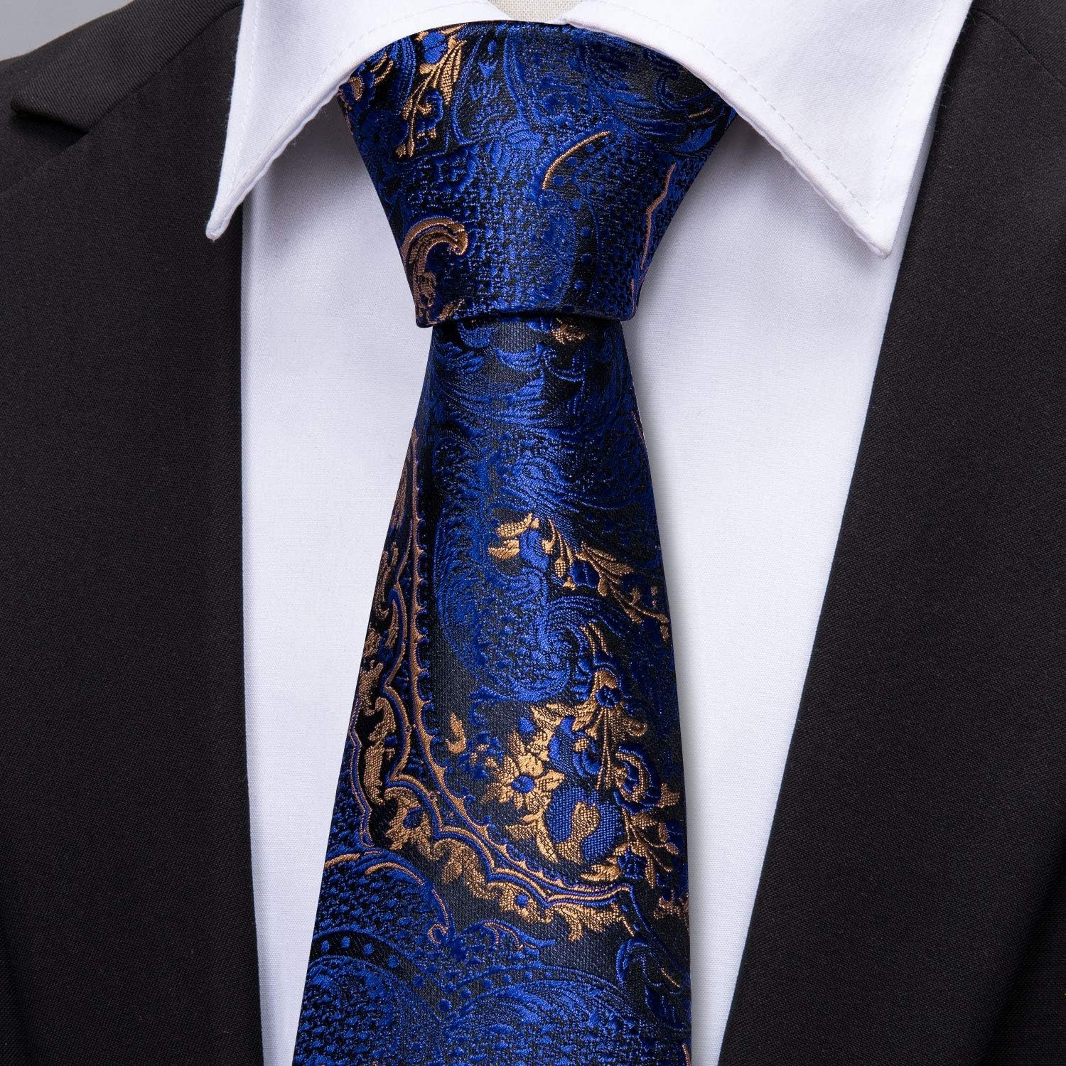 Barry.Wang Paisley Tie Fashion Set Hanky Cufflinks Neckties for Men Woven Silk A Royal Blue