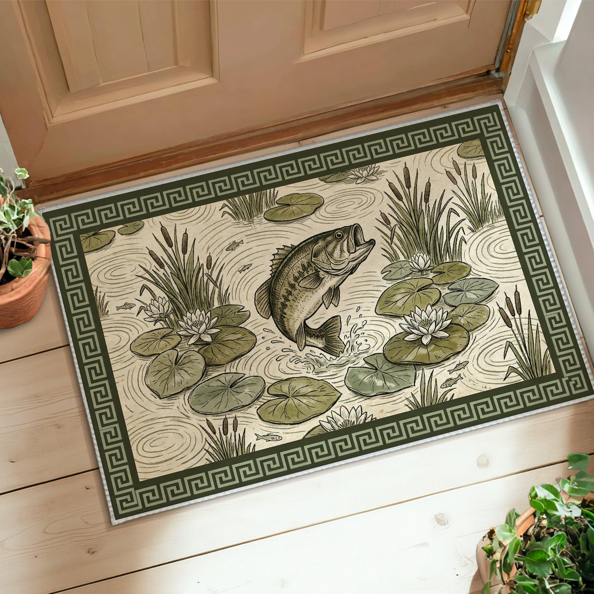 Tapis salle de bain poisson rustique nénuphars et paillasson entrée 60x90