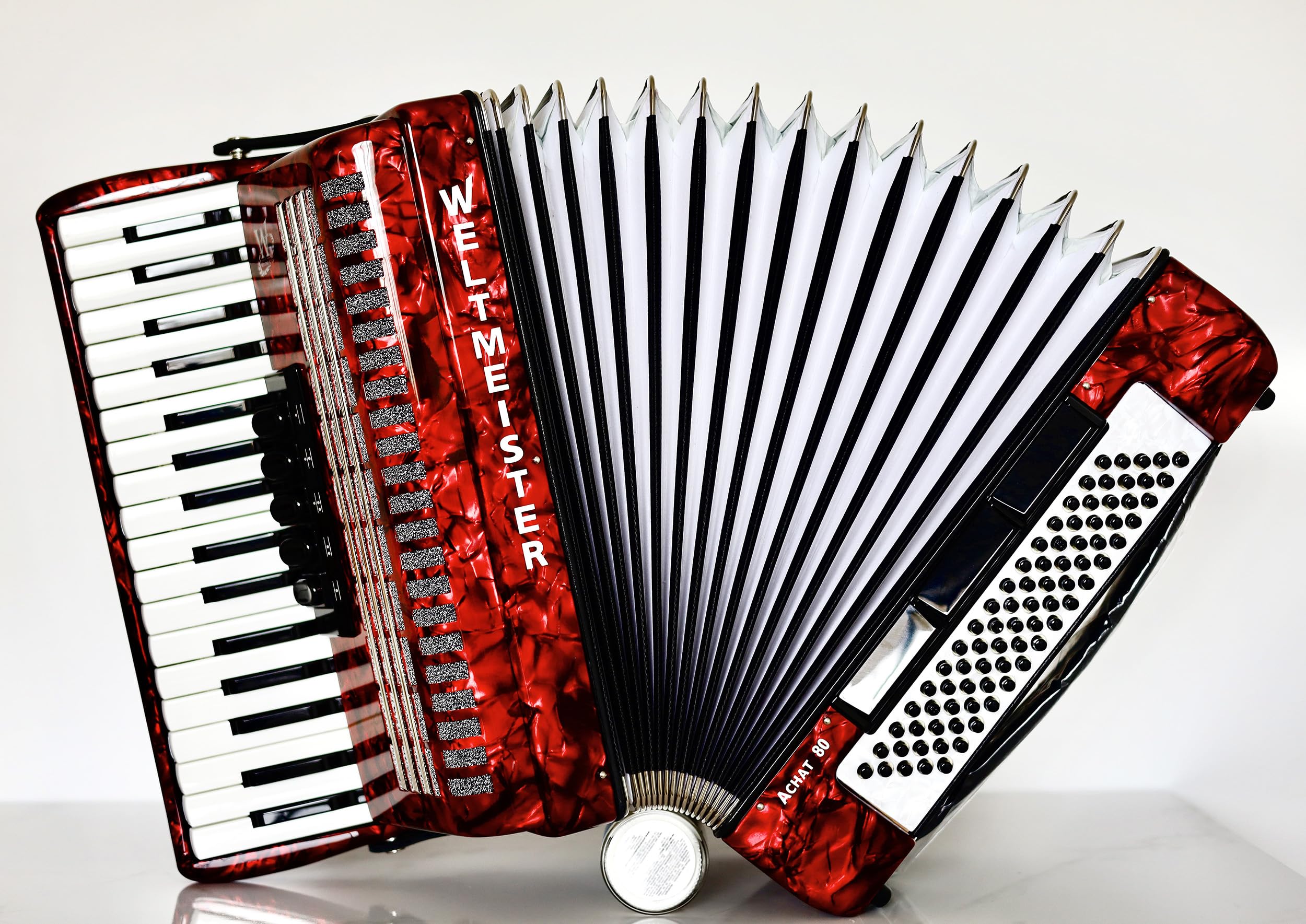 New Weltmeister Achat 80 Piano Accordion, made in Germany, 80 Bass buttons, Original New Straps and Hard Case, Keyboard Accordian, Red Pearl, Shipping from the USA, German Piano Accordion