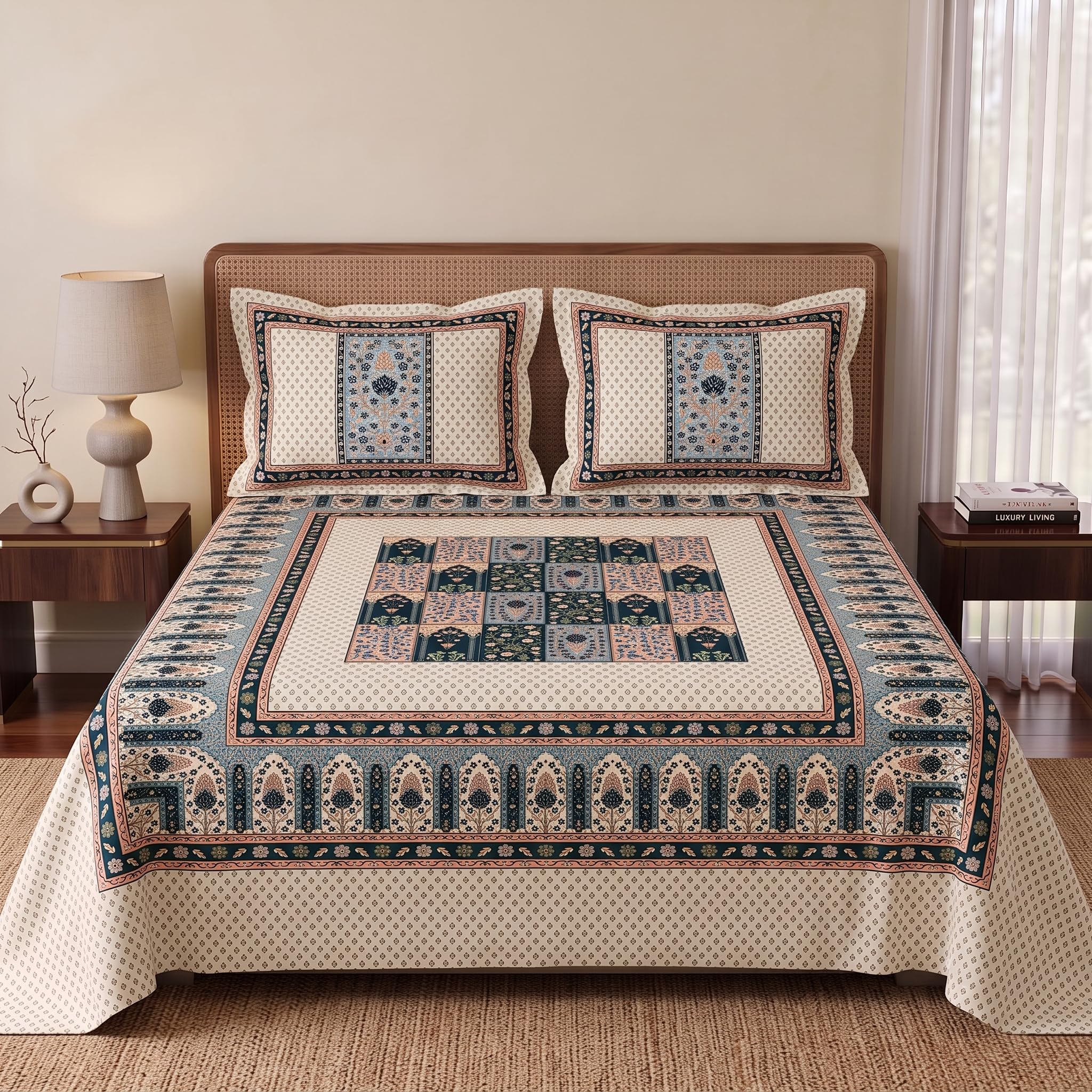 sanmarino 300 tc cotton king size bedsheet with 2 pillow covers | premium design | fade resistant | ultra soft breathable & skin friendly bedding set | 228x254 cm,heritage patchwork indigo blue