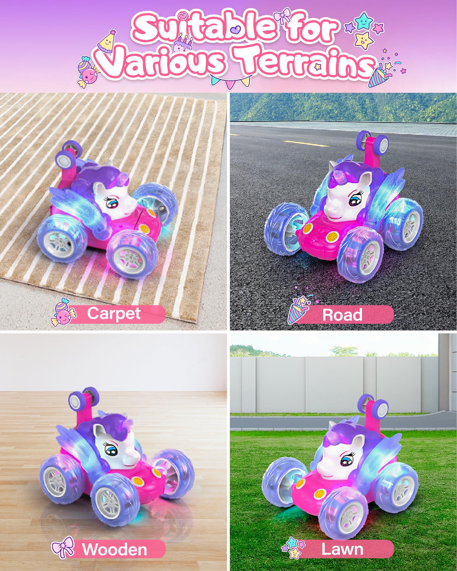 Kiztoys Unicorn Coche Teledirigido - Coches de Juguete para Niñas de 3 4 5 6 Años, Unicornio Teledirigidos Monster Truck con luz LED, Regalo de Juguete para Niñas 3+ Años