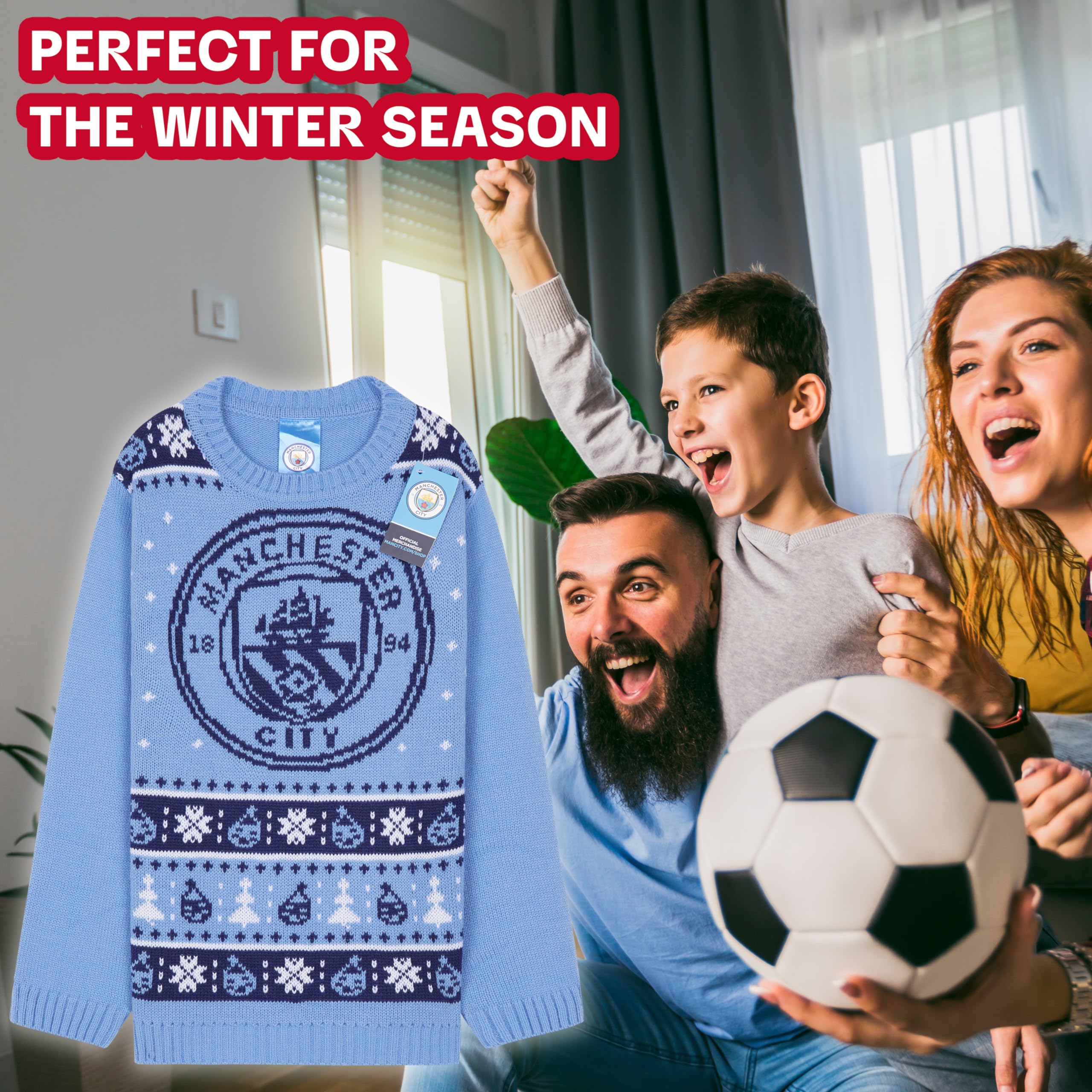 MANCHESTER CITY Sweter świąteczny dla dzieci, nastolatków, ciepły, przytulny, piłkarski, świąteczny sweter 7-14 lat - prezenty Man City dla chłopców (niebieski, 7-8 lat)