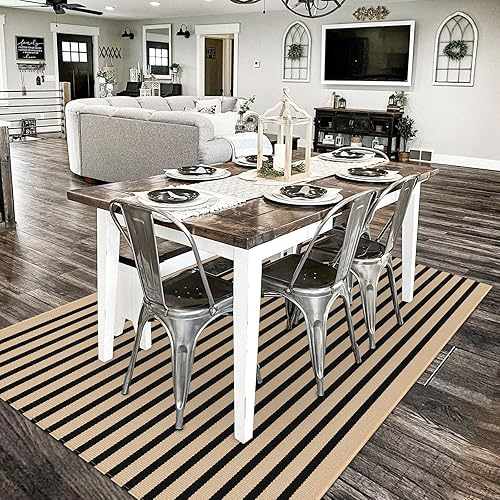 Vista 192 de KILOCOCO Alfombra de rayas beige de 2.3 x 3.6 pies para interiores y exteriores, alfombra tejida a mano de algodón lavable a rayas para puerta Rayas