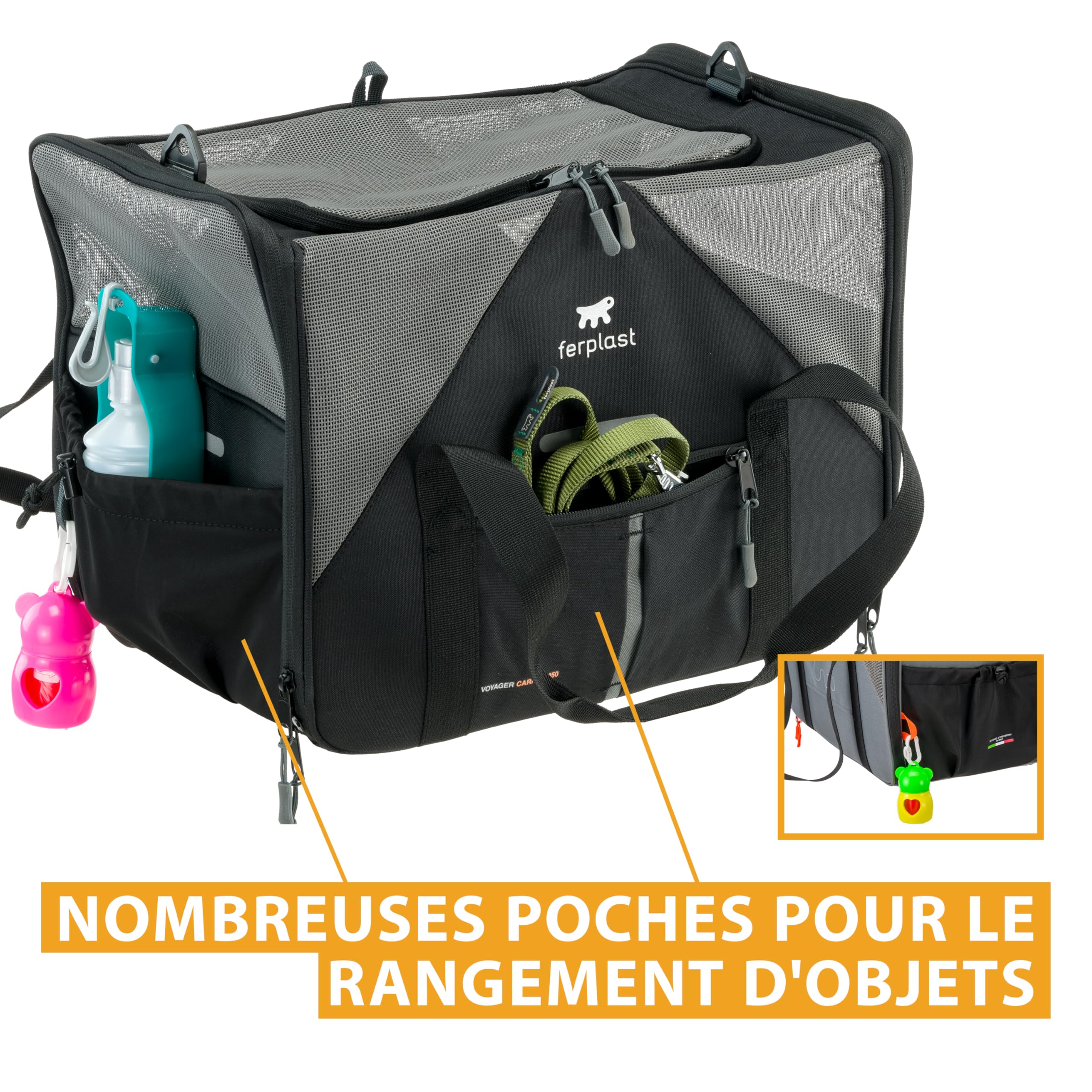 Ferplast Sac Transport Chien Voyager Carrier, Sac de Transport pour Chat, Poignées et bandoulière réglables, Sangle de sécurité, Double Ouverture latérale, avec Coussin, Max 15 Kg, 50x35x37h cm, Noir