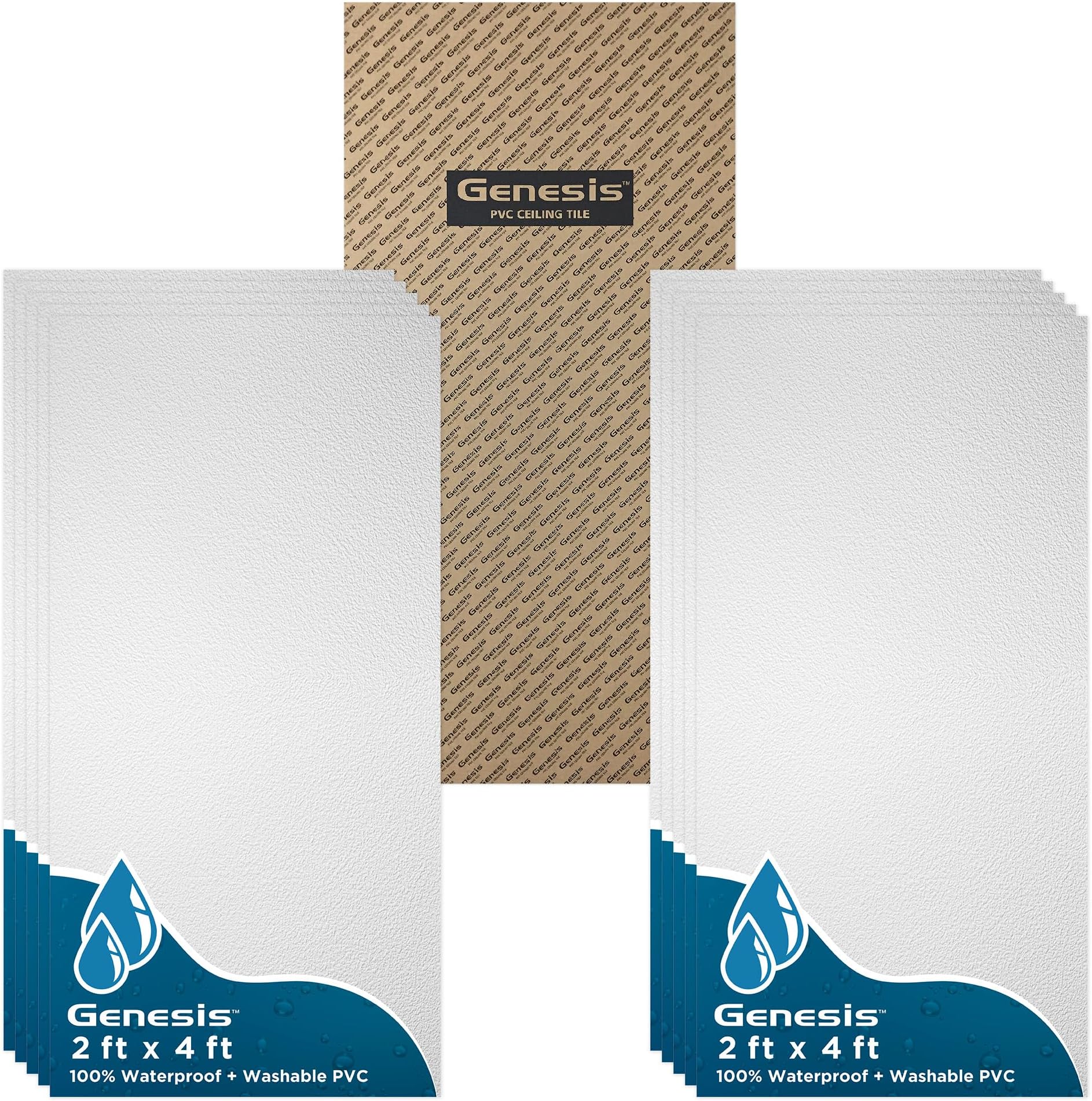 Genesis 2ft x 4ft Stucco Pro White Ceiling Tiles - Easy Drop-in Installation – Waterproof, Washable and Fire-Rated - High-Grade PVC to Prevent Breakage - Package of 10 Tiles